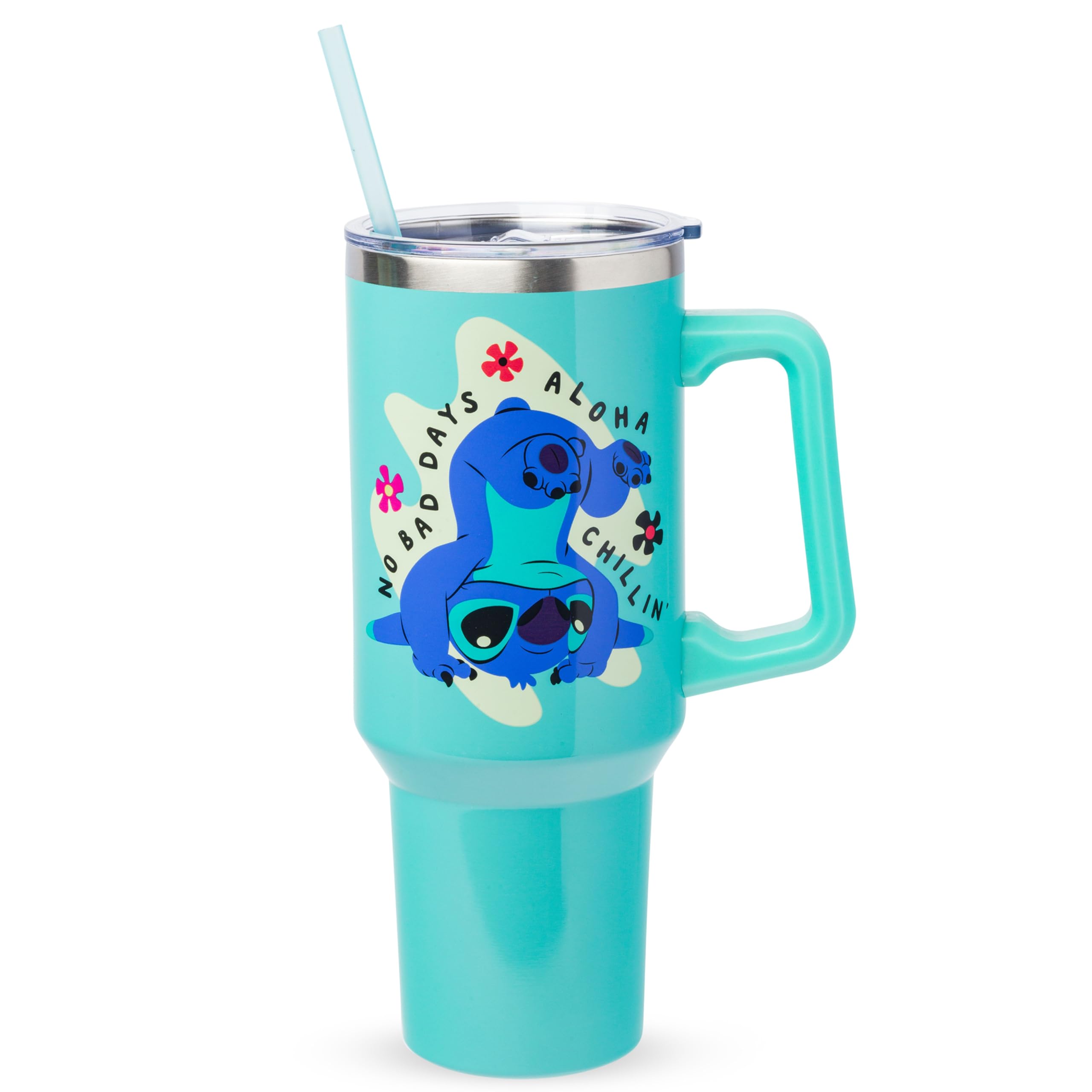 Silver Buffalo Lilo and Stitch No Bad Days Stainless Steel Tumbler w Handle, 40 Ounces