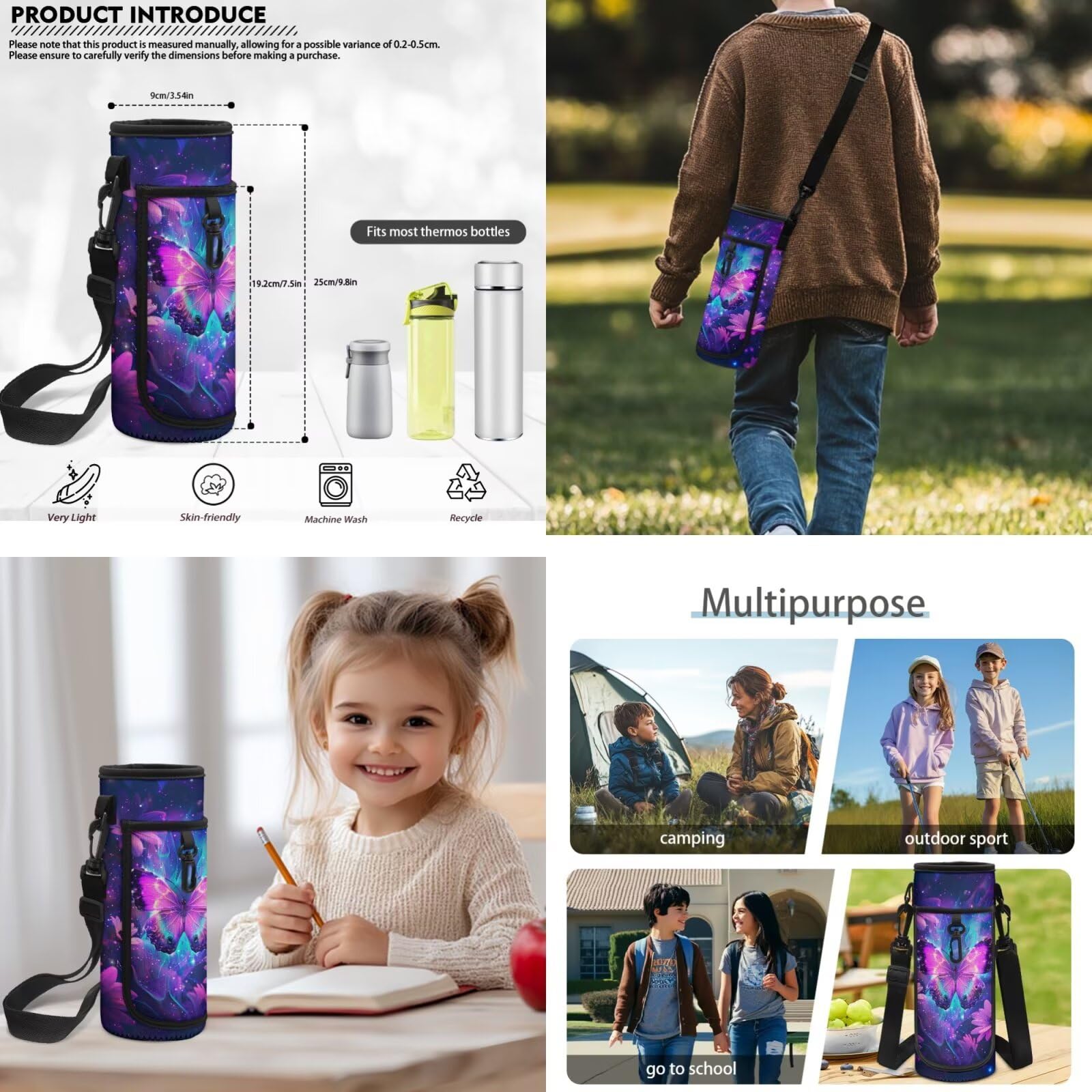 COEQINE Mochila escolar para niños, juego de mochila escolar con fiambrera, estuche para lápices, llavero, bolsa de libros para niñas de 4 a 12 años, Mariposa púrpura galaxia nebulosa, M, Diseñador