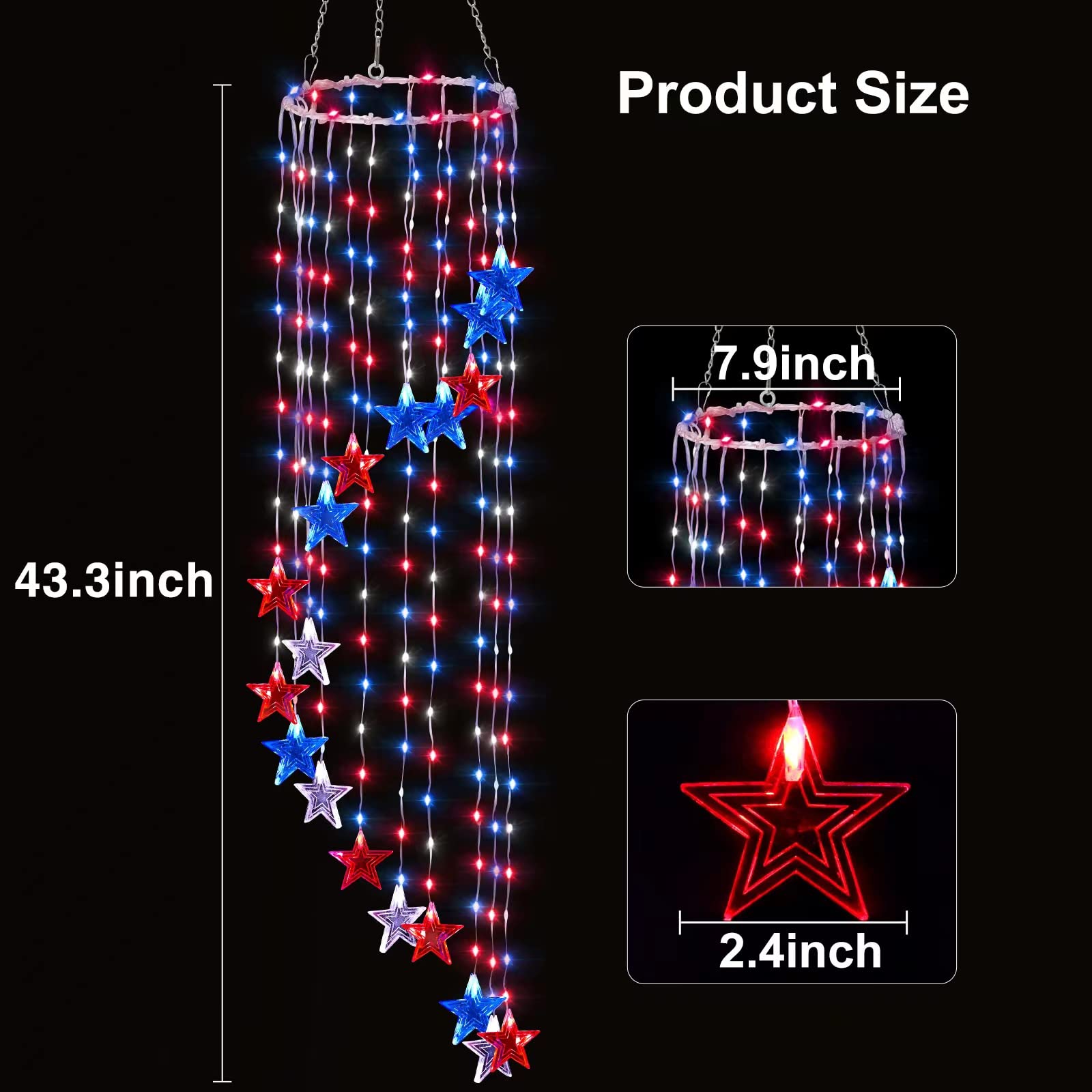 BlcTec 4th of July Decorations, 248 LED Red White and Blue Lights with 19 Big Stars, Patriotic Wind Chimes with Waterproof, 8 Modes & Timer for July 4th, Memorial Day, Independence Day Decorations