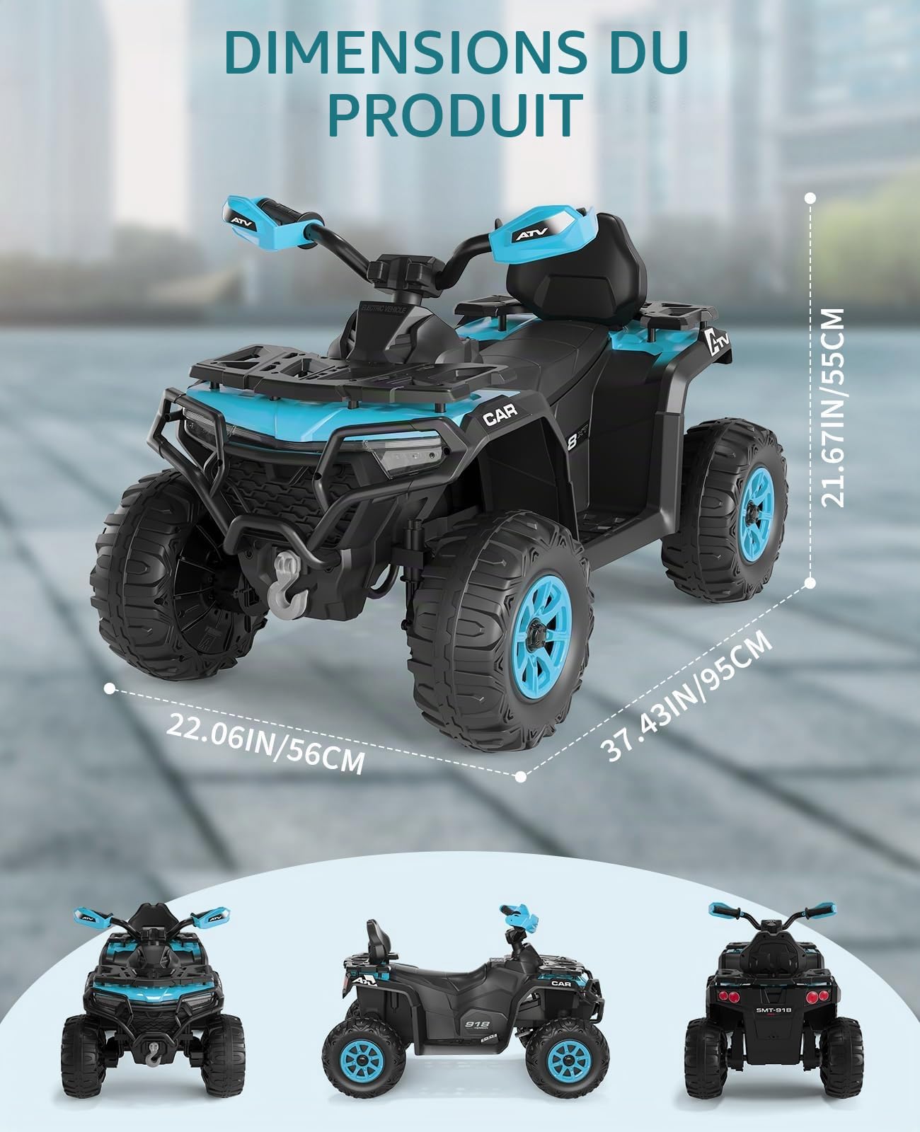 Voiture Électrique pour Enfants 12V, Quad Électrique Enfants, Batterie Rechargeable, LED Et Musique, Port USB, Connexion sans Fil, Vitesse 3km/h, 3-8 Ans, Bleu Turquoise