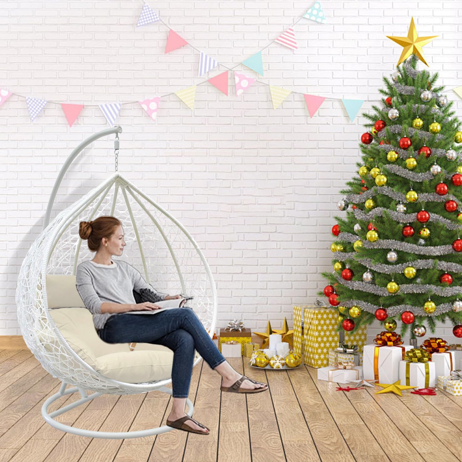 GadgetHaven Egg Chair - Outdoor Hanging Chair with Weather-Resistant Rattan, Thick Cushion & Steel Frame - Modern Patio Furniture for Garden, Balcony & Poolside (White Egg Chair & White Cushion) — image 1