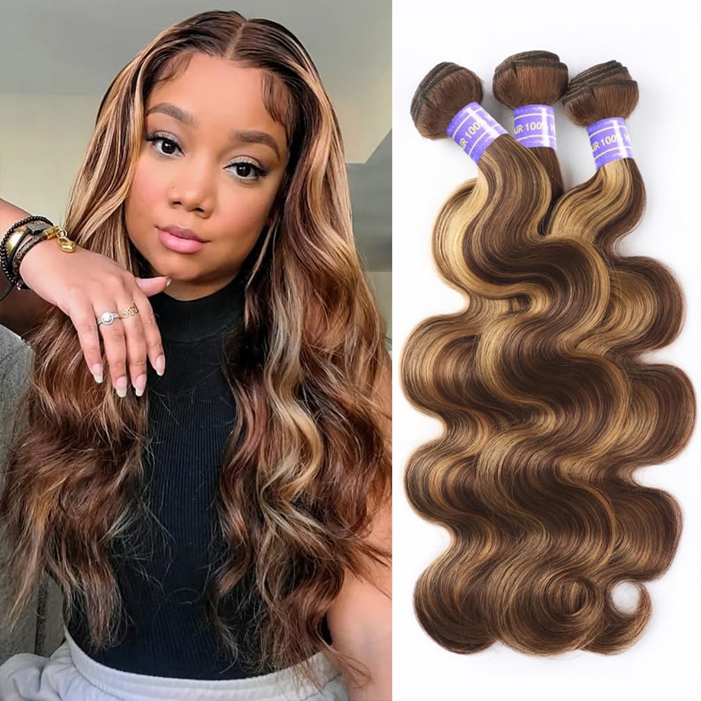 Perstar Ombre Highlight Body Wave Bundles Human Hair Honey Blonde 4/27 Human Hair Bundles 18 20 22 Inches Soft and Healthy 100% Unprocessed Brazilian