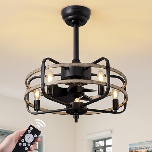 NOXARTE Ventilador de techo de jaula con luz, control remoto de candelabro vintage, ventilador de techo industrial sin aspas, motor de marcha atrás