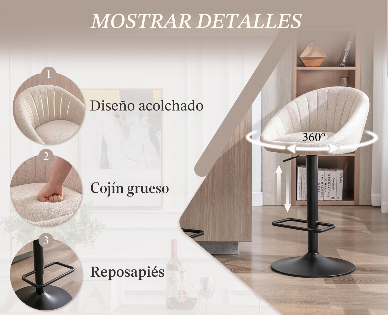 Ya-Home Juego 2 Taburetes de Bar Modernos Taburetes Alto de Cocina con Respaldo,Sillas Bar Giratorios Sillas Altas de Mostrador Regulables para Isla Cocina/Restaurante,Beige