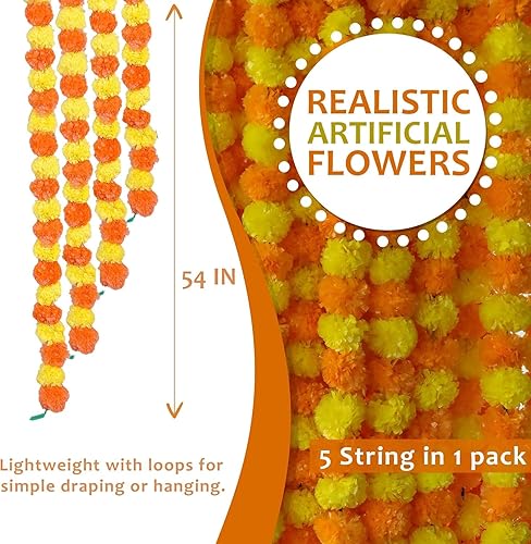 Miniatura 3 de Decoración de fiesta de flores de caléndula artificial, paquete de 5, naranja y amarillo (njc-484)