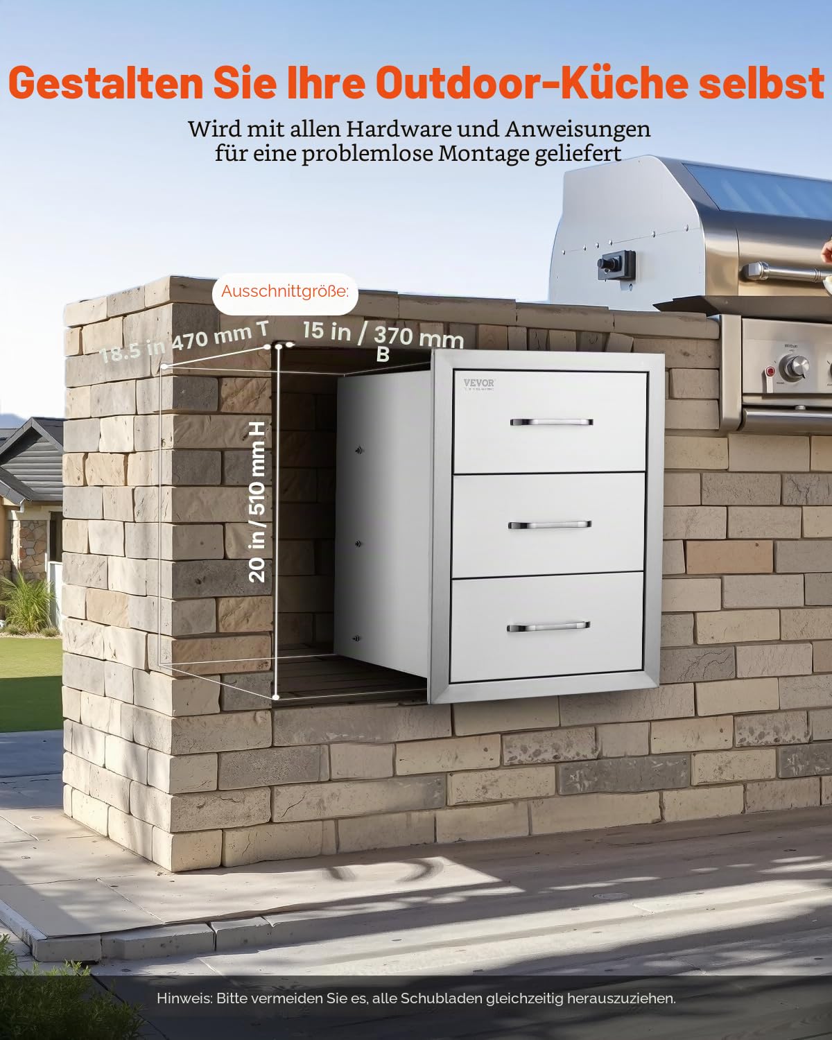 VEVOR Outdoor-Küchenschubladen flächenbündig montierte Grillschubladen mit dreifachem Zugriff und Edelstahlgriff, Grillinselschubladen für Außenküchen oder Grillinsel-Terrasse 400 x 450 x 450 mm