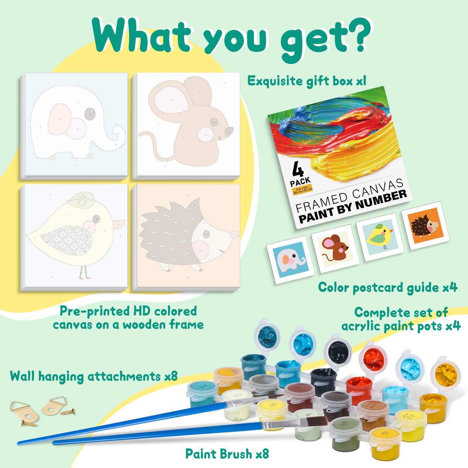 Wenfdrtr 4 Juegos De Pintura Por Números De Animales Para Niños De 5 A 10 Años, Con Lienzo Y Marco