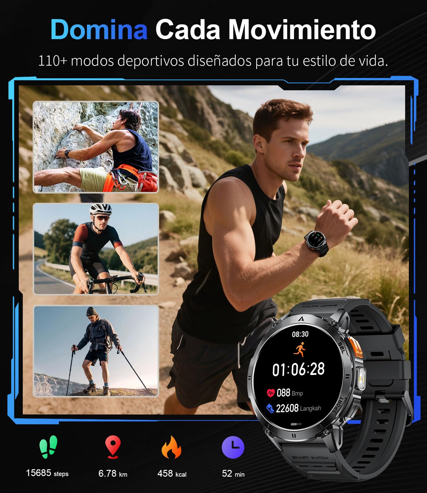 Reloj inteligente para hombre con llamadas Bluetooth y pantalla HD AMOLED de 1,62", impermeable IP68 y batería de 730 mAh Smartwatch con 110+ modos deportivos/sueño Monitor para Android iOS, 2
