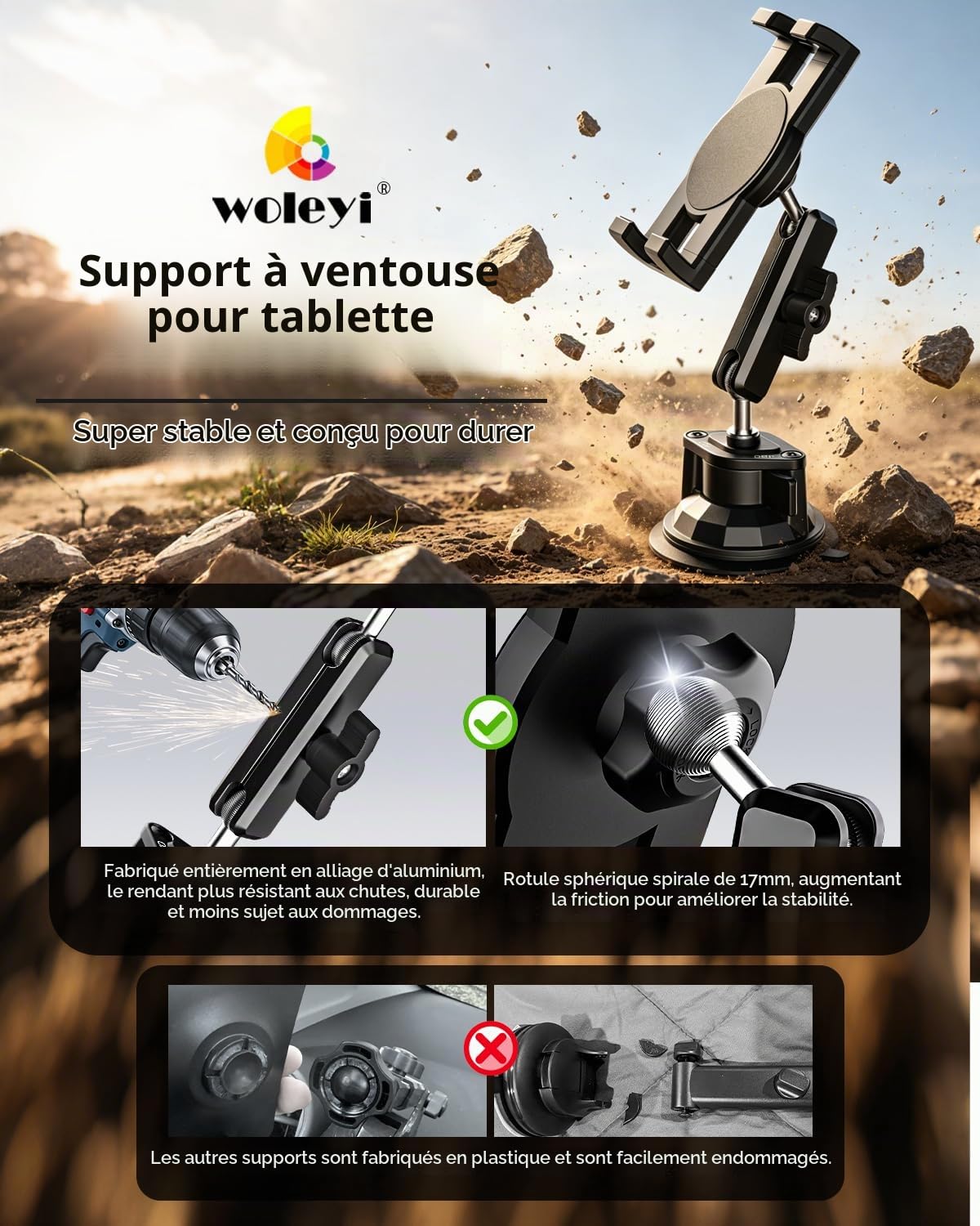 Support Tablette Tracteur avec Ventouse Puissante pour Tablettes Téléphones | Fixation Pare-Brise Tableau de Bord Fenêtre - Robuste Support Tablette Voiture Vehicule avec Bras Flexible en Aluminium