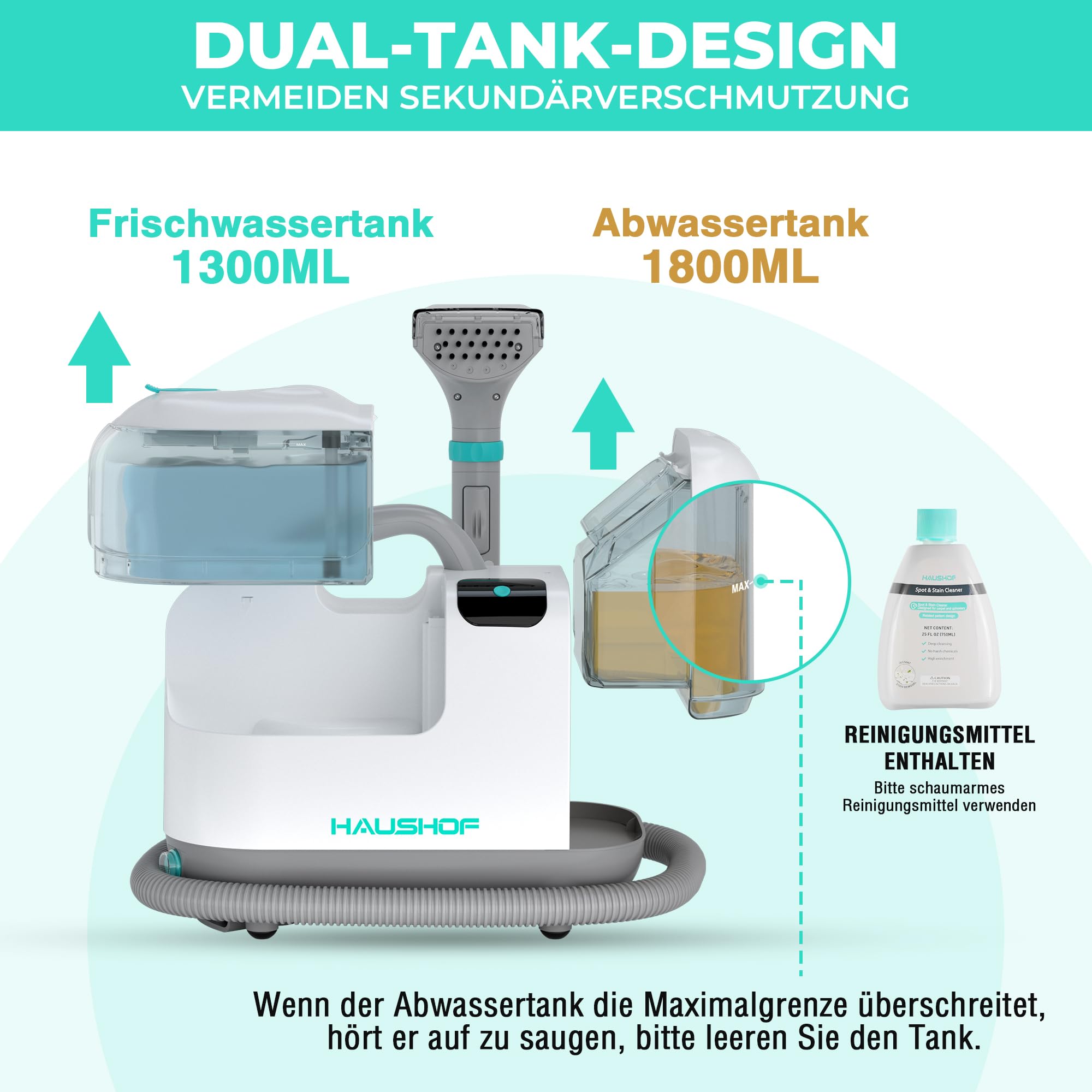 HAUSHOF Waschsauger mit Dampffunktion, StainZapper Vapo Teppichreiniger Polsterreiniger Gerät mit Warmwasserfunktion & Hochtemperatur-Dampffunktion, Mit Reinigungsmittel, Für Teppich, Sofa, Auto