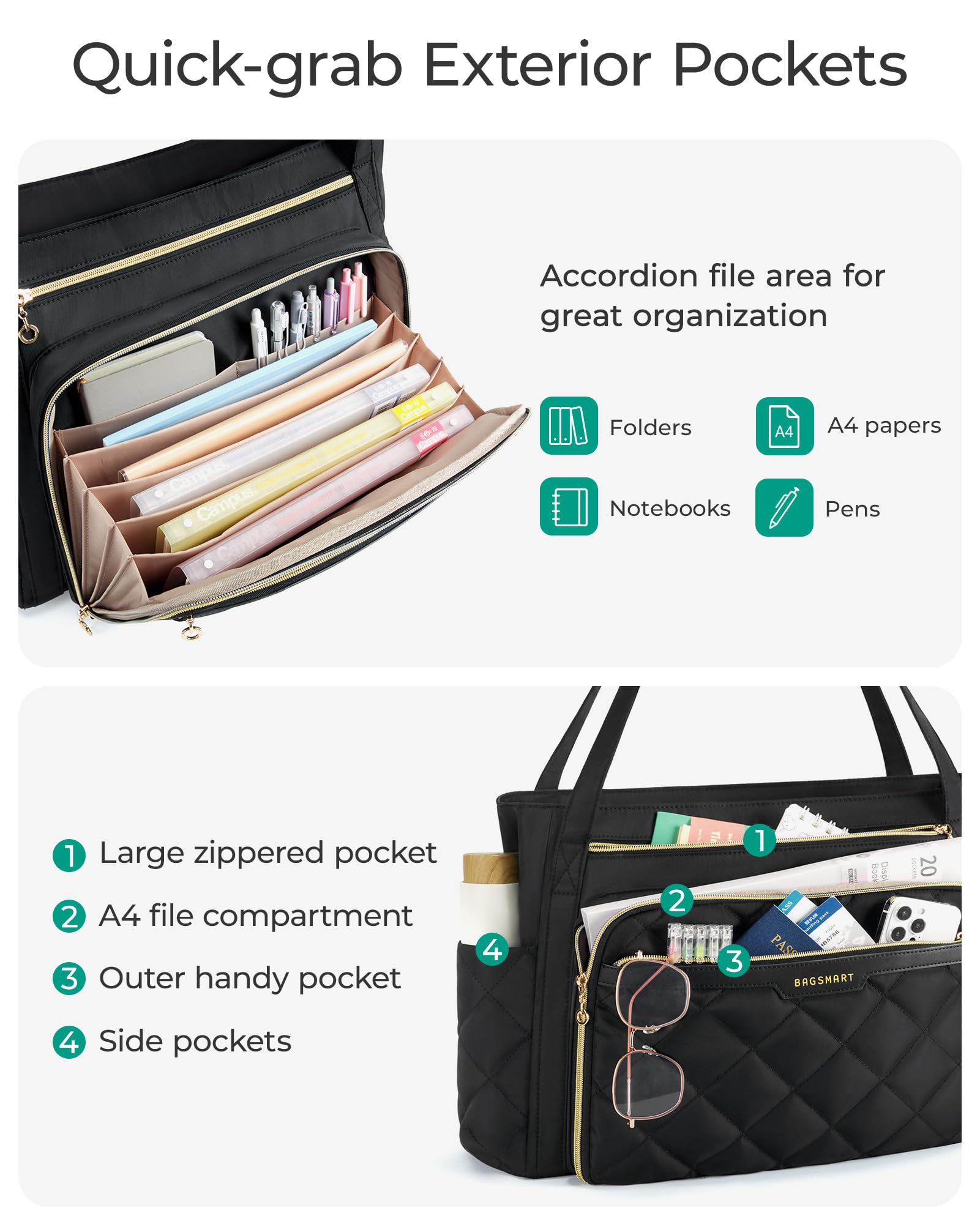BAGSMART Lehrertasche 15.6 Zoll Laptoptasche Damen Gesteppt Arbeitstasche mit Datei-Organizer Aktentasche Krankenschwester Tasche für Arbeit Schule Büro Business Universität