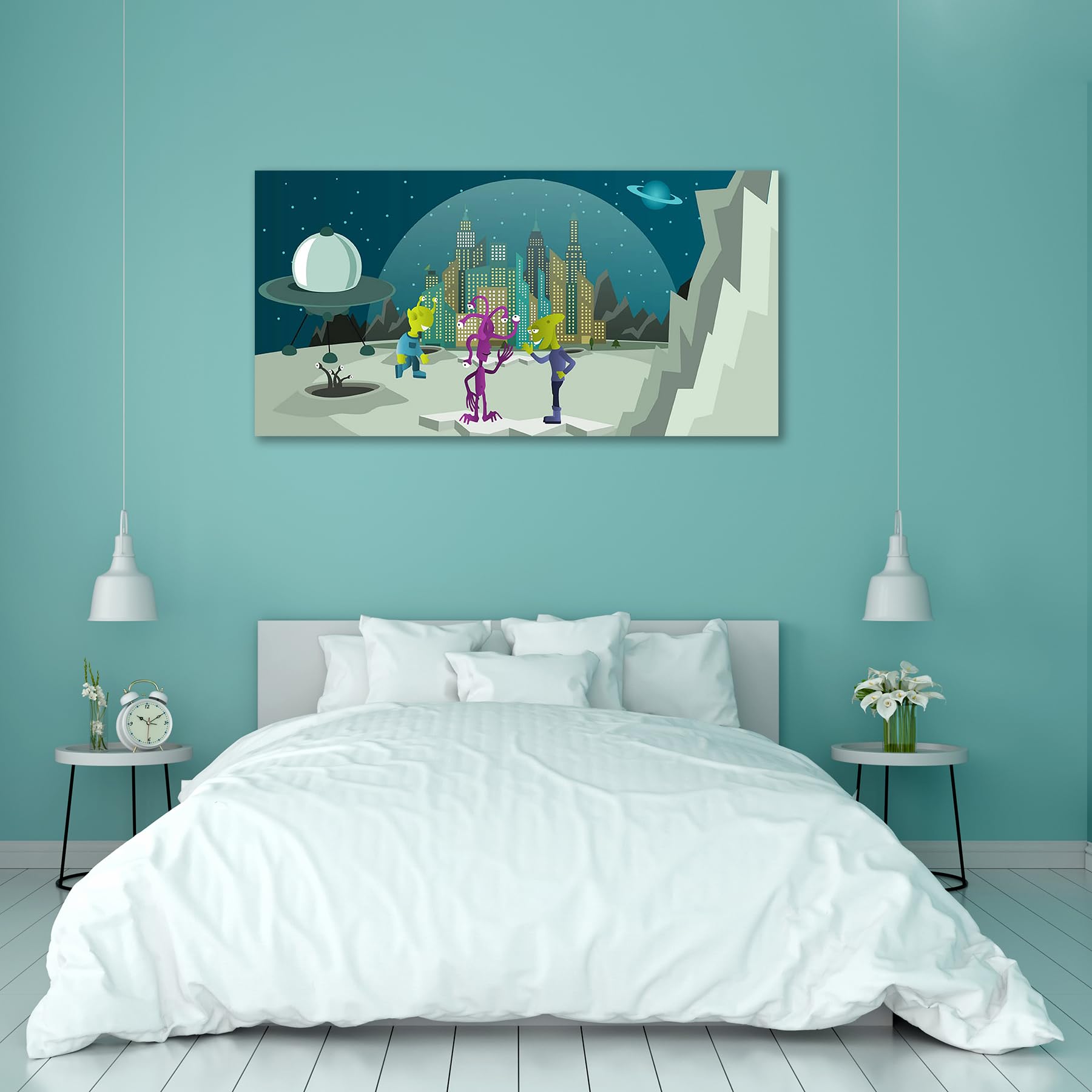 ArtzFolio Aliens From Another Planet | Premium Canvas Painting for Bedroom & Living Room | Wooden Stretching | 23.7 x 12 inch (60 x 30 cms)