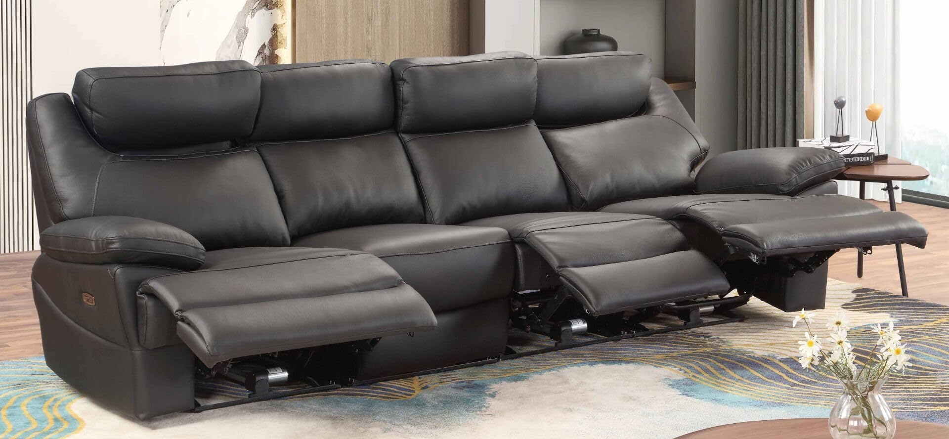 MAPO 3581 4-Sitzer Fernsehsofa elektrisch verstellbar | Komfortsofa aus Premium Leder mit Rückenlehne, Fuß- & Kopfstütze | Schwarz