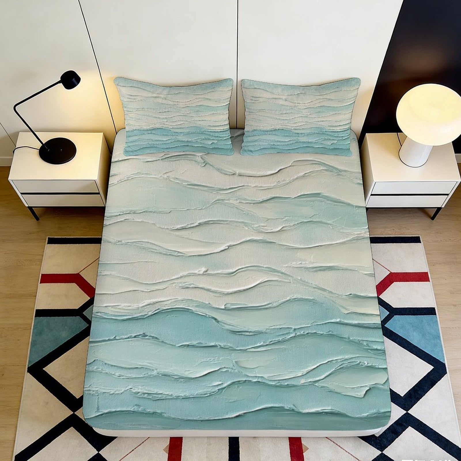 3D Printed Ocean Wave Fitted Sheet Microfiber Deep Pocket Bedroom Bedding Set Wave Pattern Mattress Fitted Cover Elastic Hem Washable for Adults 200x200x25cm
