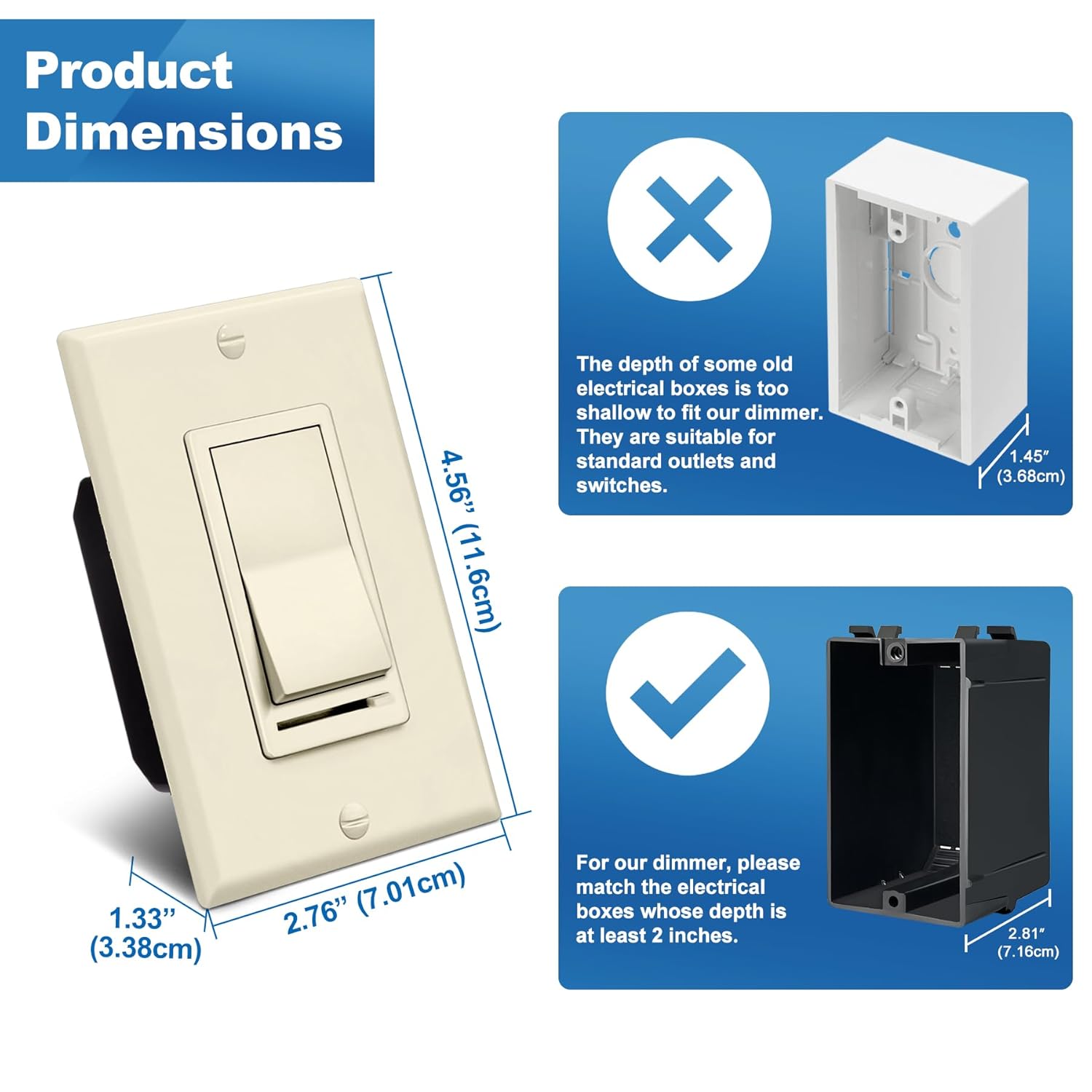 BESTTEN 2 Pack Almond Dimmer Wall Light Switch, Compatible with Dimmable LED, CFL, Incandescent and Halogen Bulb, Single Pole or 3-Way Dimmer Switches, 120VAC, Decorator Wall Plate Included