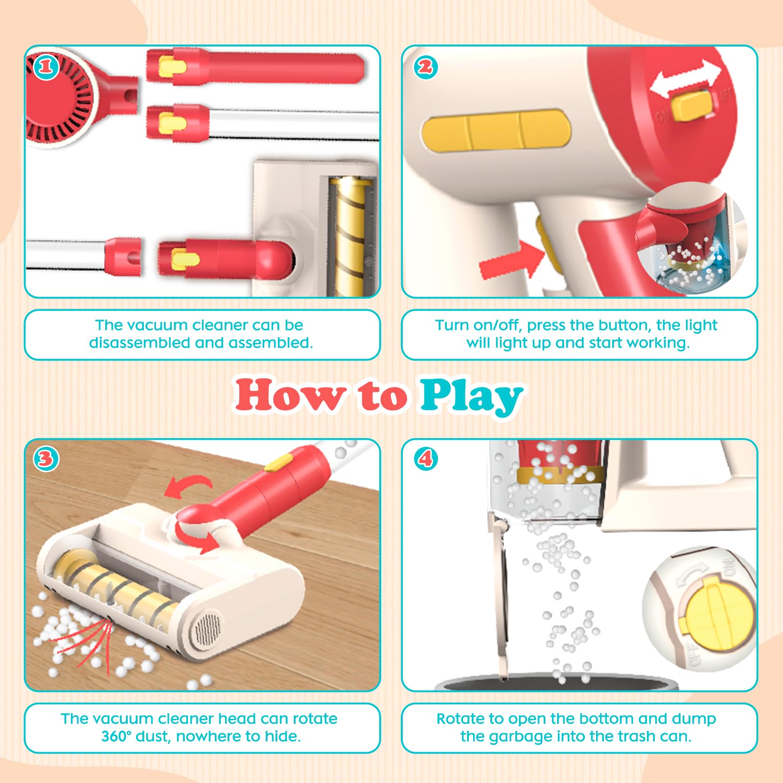 Juguete Aspiradora Infantil, Juego de Juguete de Limpieza Infantil 3 en 1 con Succión Realista y Sonido, Juego de Juguete para Jugar a Limpiar la Casa, Herramientas de Limpieza con Esponja para Niños