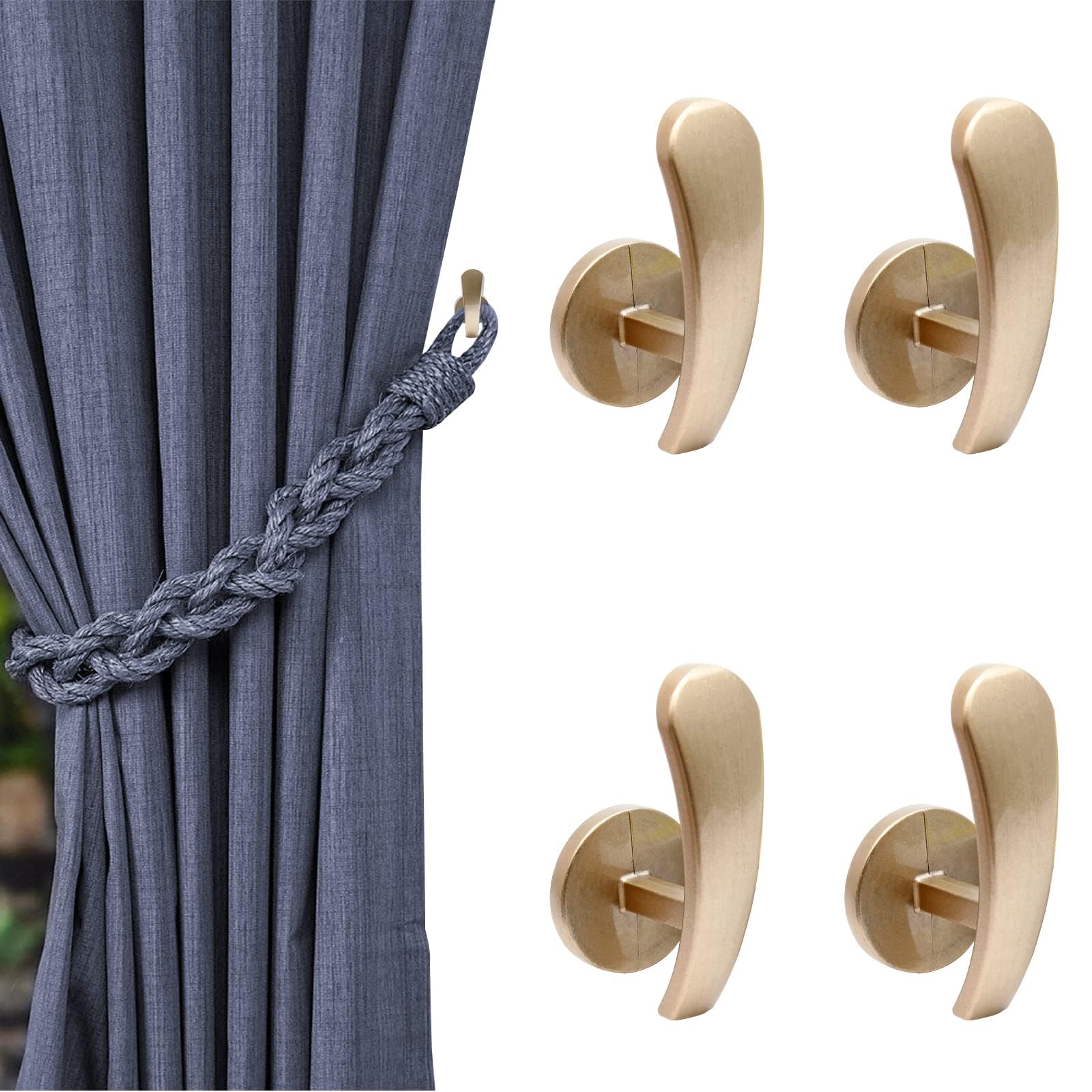 4 Pack Gold Curtain Tieback Hooks, Curtain Holdback Hooks for Wall Mounted, Decorative Drapery Metal Hook Wall Hanger with Screws (4 Pack Gold)