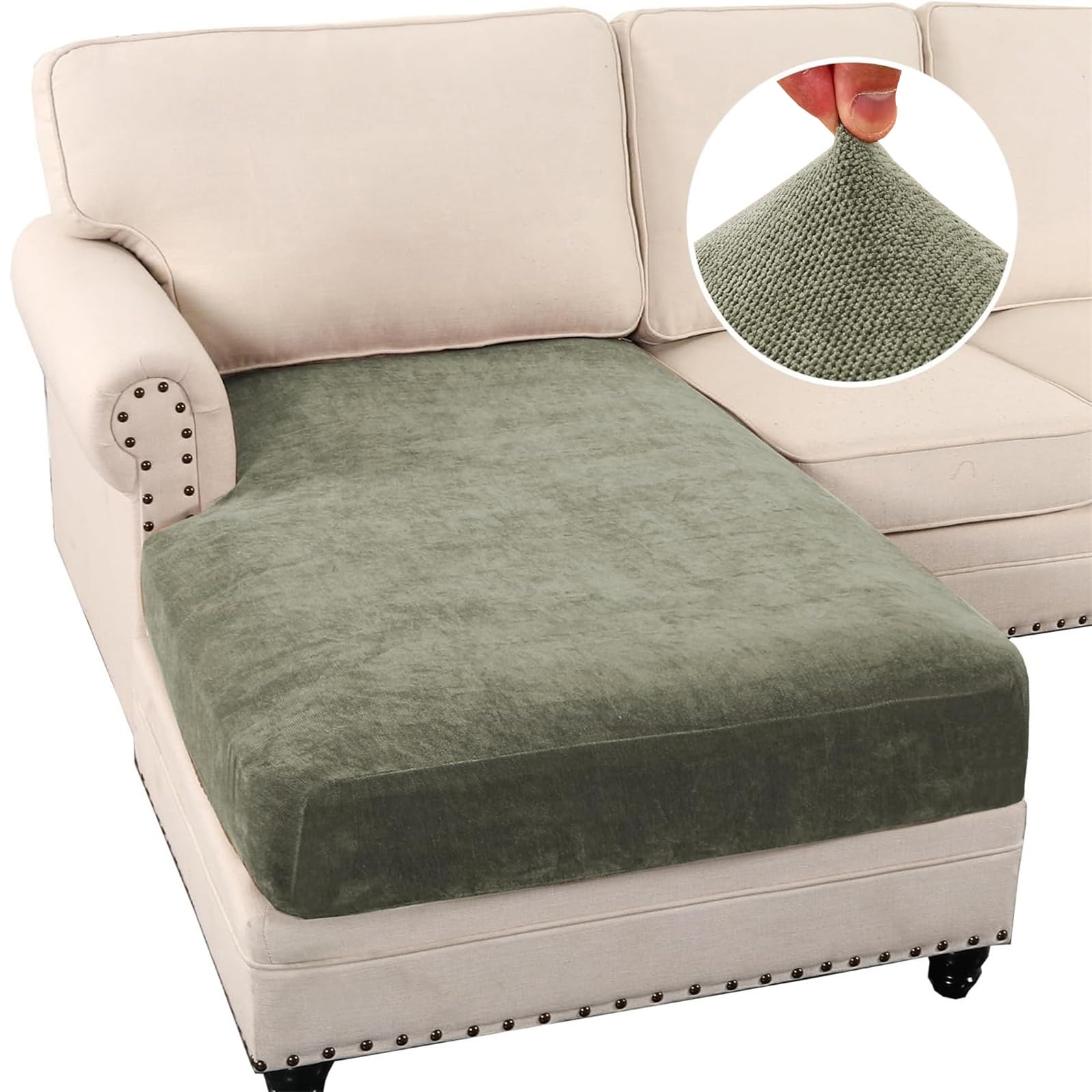 Stretch Sofa Seat Cushion Covers, Chenille Sofa Cushion Slipcovers, High Stretch Couch Covers for Living Room Non Slip Furniture Slipcover with Elastic Bottom (Chaise Lounge,Green)