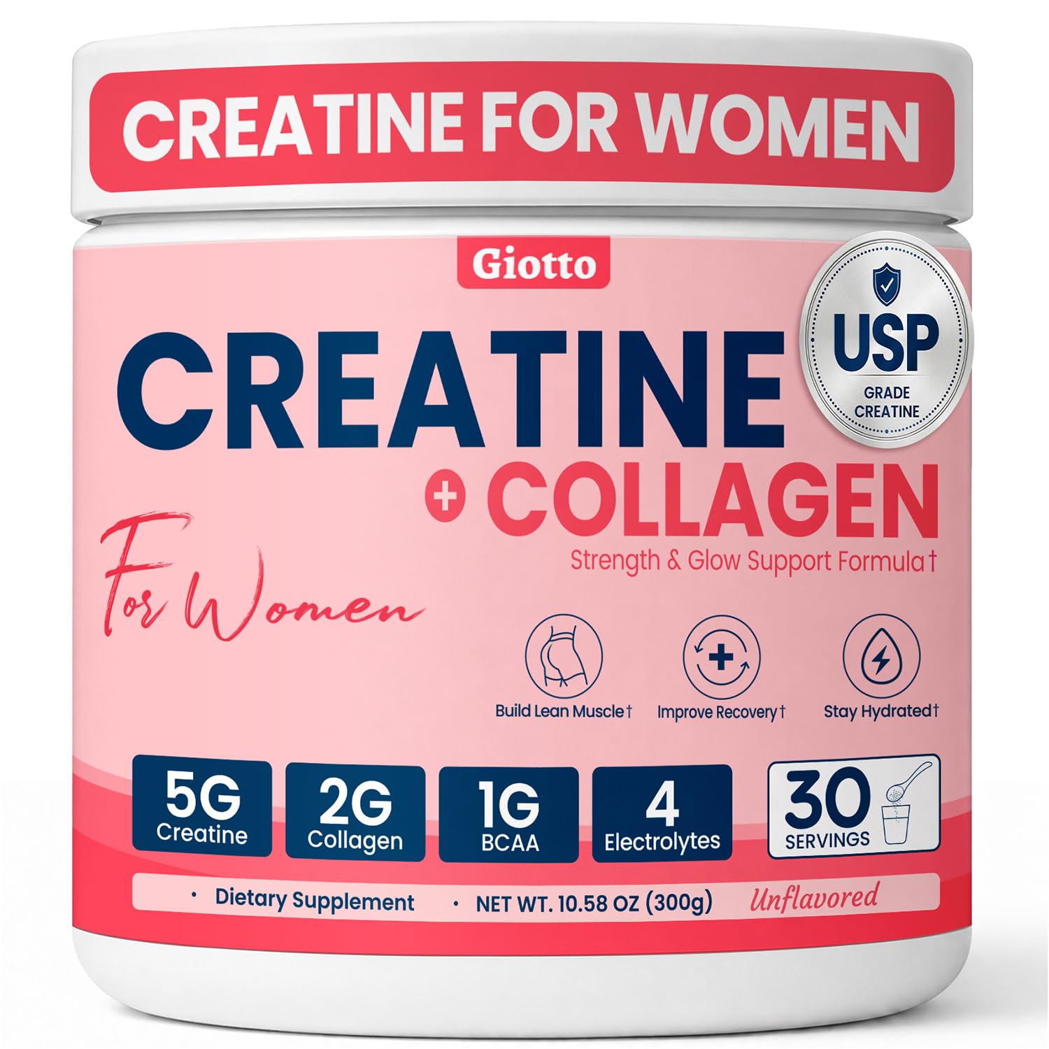 Giotto Creatine for Women, USP Grade Micronized Creatine Monohydrate Powder with Collagen BCAAs and Electrolytes, Support Glute Gains, Lean Muscle, Energy Recovery & Hydration, Unflavored, 30 Servings A-Unflavored