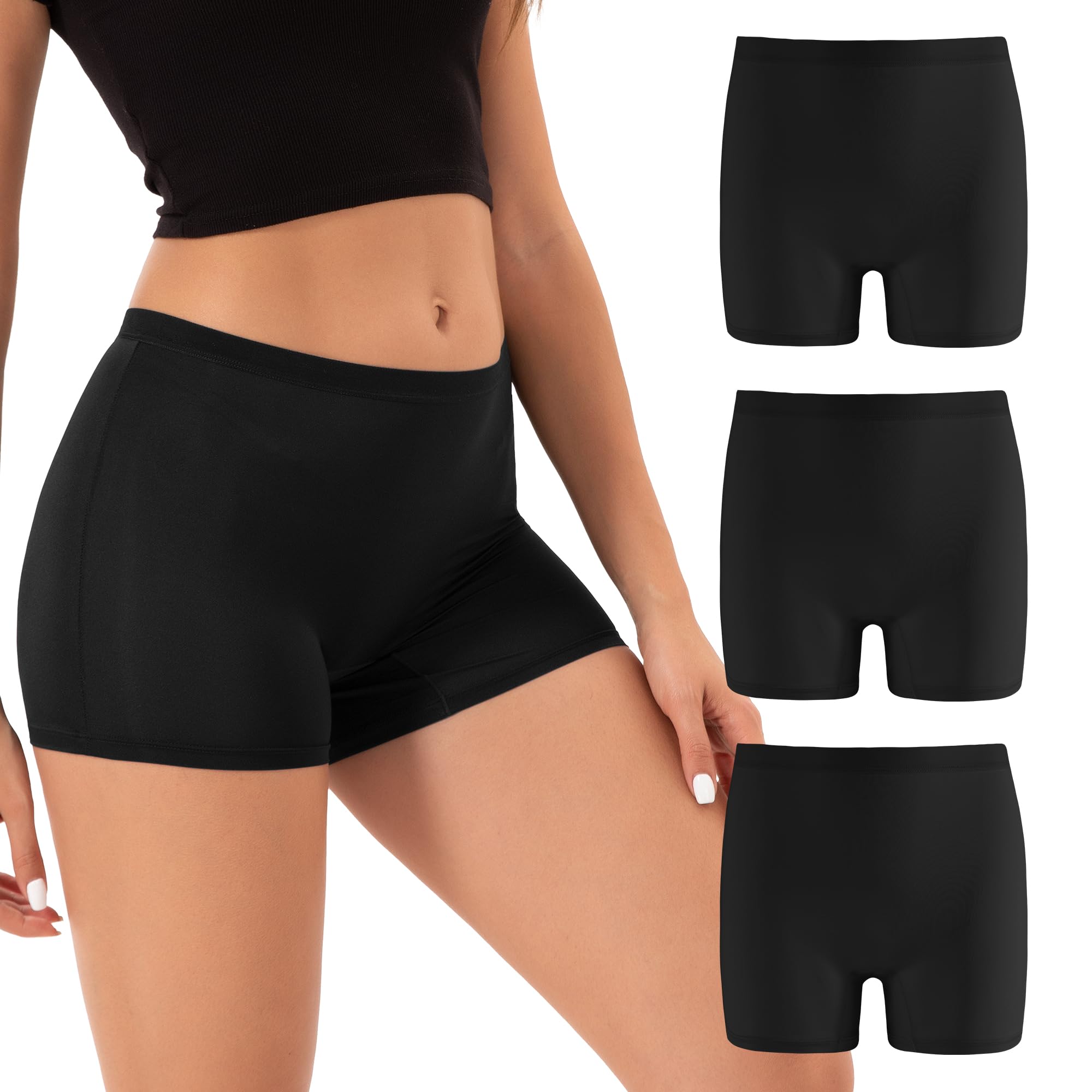 INNERSY Women's Silky Boy Shorts Panties Thin 4" Inseam Boxers Briefs Underwear 3-Pack