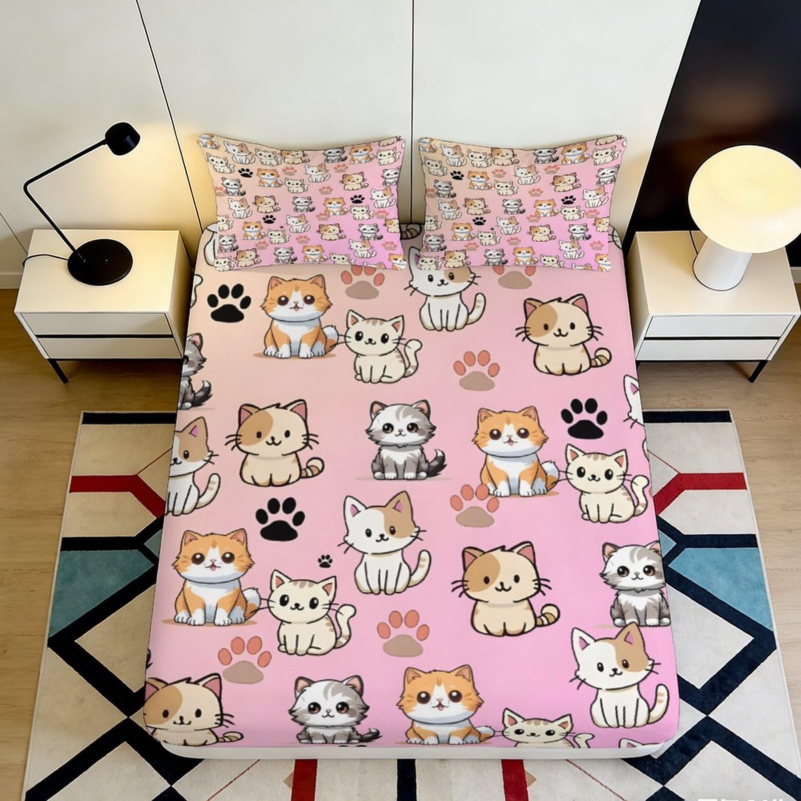 Jqzkxnhpbr Style-9 3D Printed Cute Cat Cartoon Fitted Sheet Microfiber Soft Pink Bed Cover Anti-Slip Bedroom Decor Machine Washable 90X200x25cm