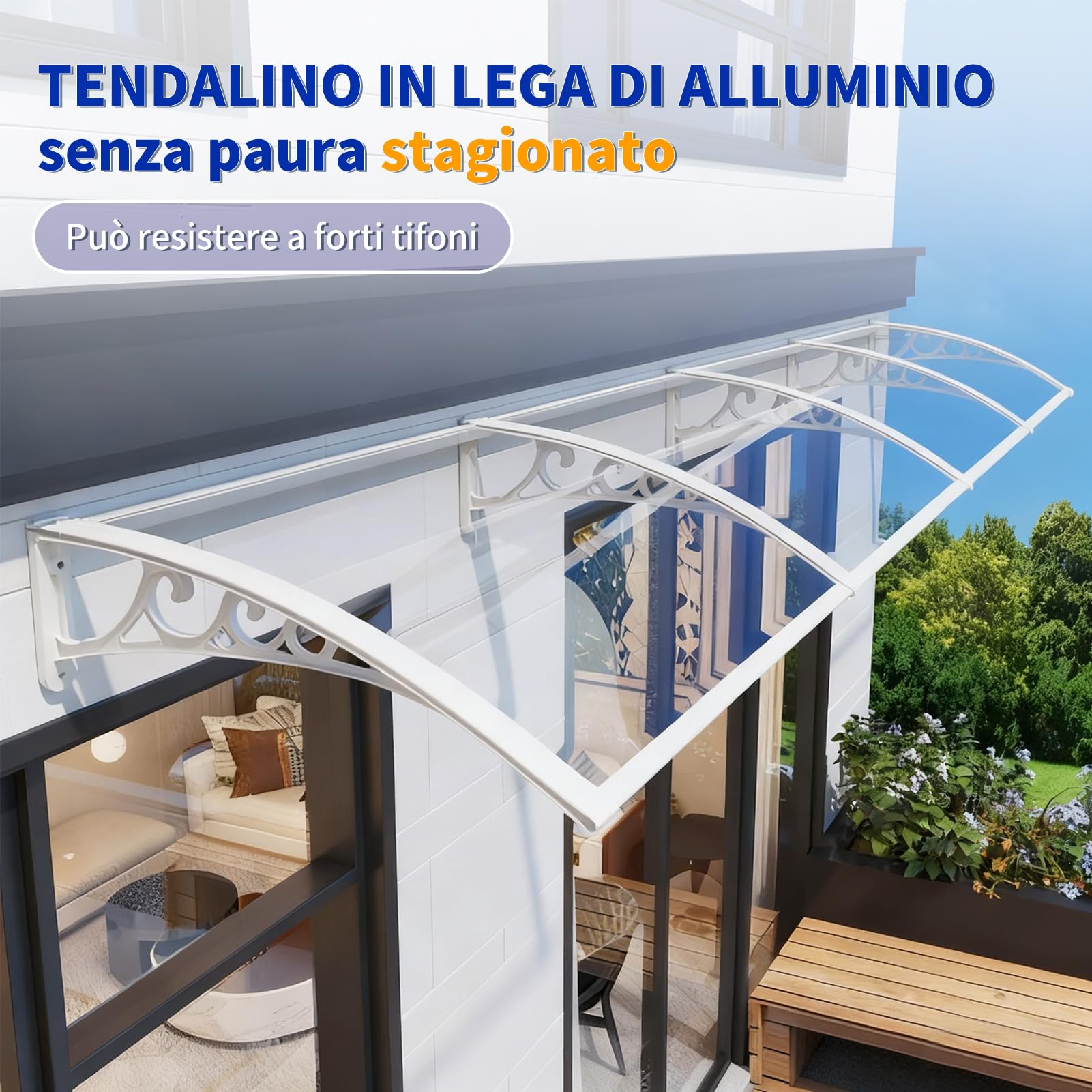 Pensilina Espandibile con Grondaia Grande, Tenda da Sole per Porta Esterna, Montaggio Silenzioso e Rapido, per Patio, Balcone, Esterni60x290cm