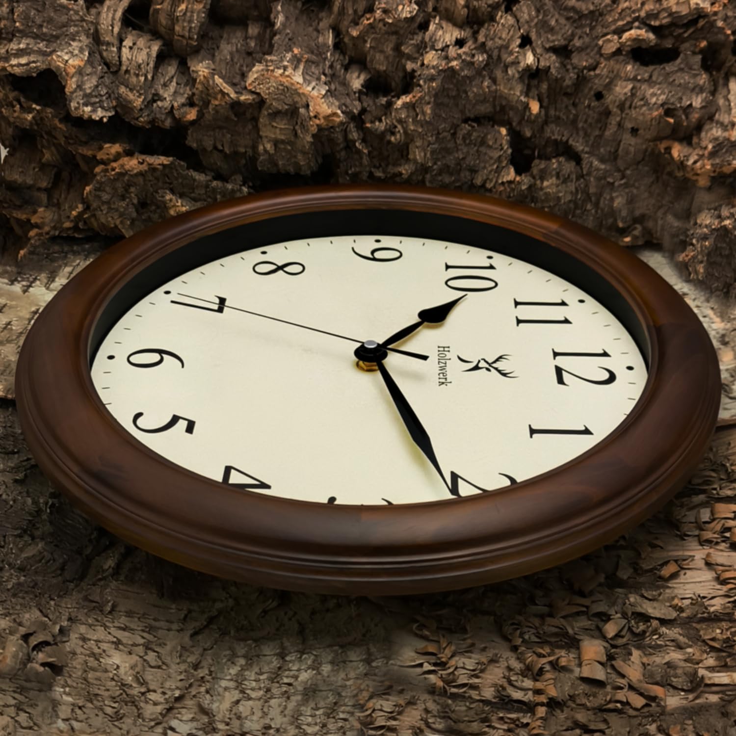 Holzwerk Natur Vintage Retro Holz Wanduhr Holz-Uhr laufleises Uhrwerk ohne Tickgeräusche Braun nahezu lautlos aus handgefertigtem Massivholz Natur 14 Zoll 35cm (HWN.Braun)