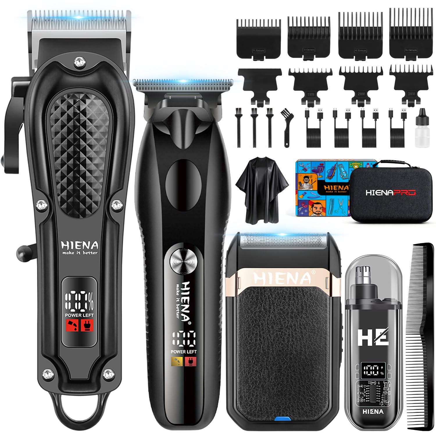 HIENA PRO Hair Clippers for Men Professional, Cordless Barber Clipper & T-Blade Beard/Hair Trimmer Set, Electric Razor Foil Shaver Nose Trimmer Barber