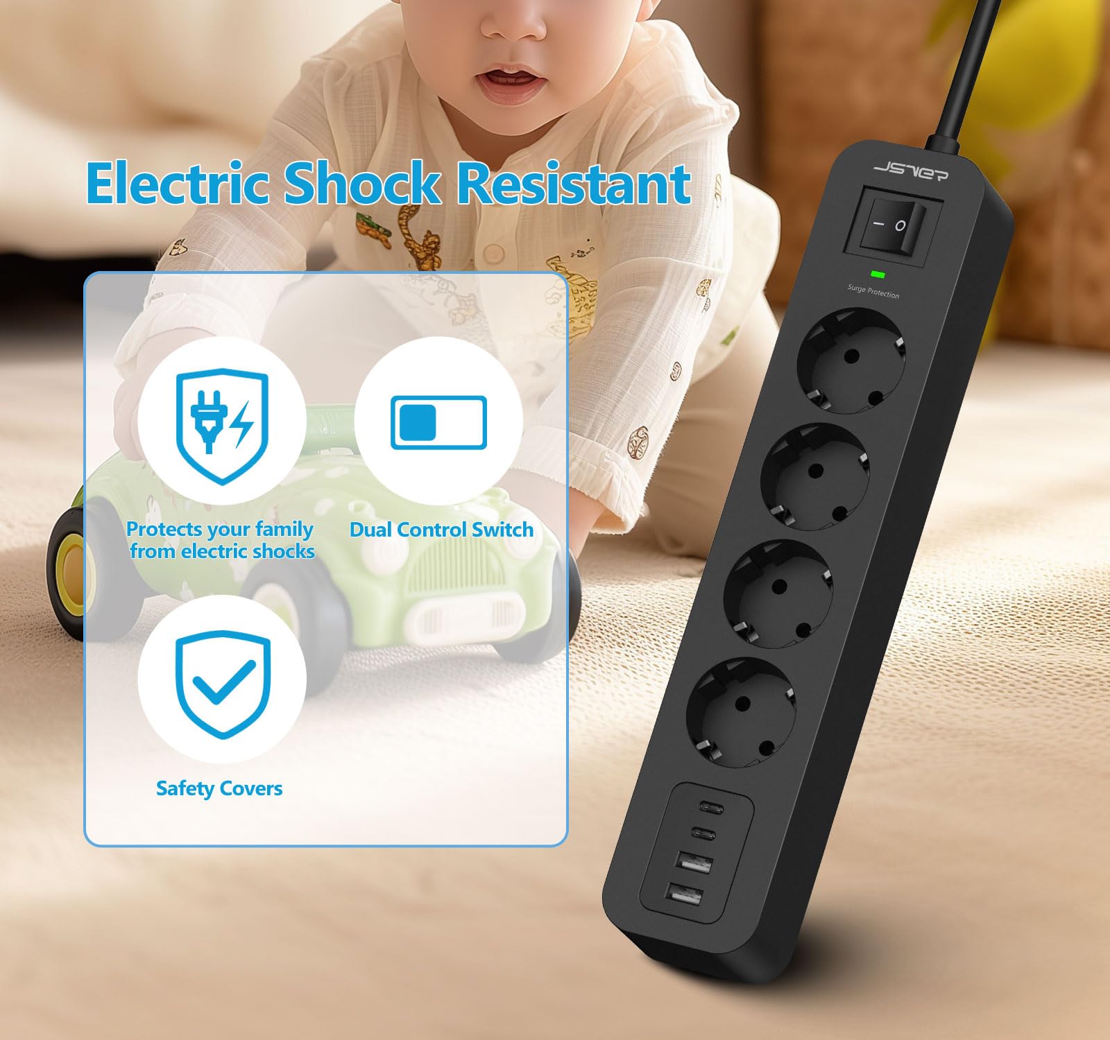 JSVER Multiprise Parasurtenseurs USB 4 Prises avec 2 Ports USB A+2 Ports USB C Chargeur (5V3,4A) Multiprises parafoudre et surtension avec Cable 2m pour Smartphone, Maison, Bureau-Noir