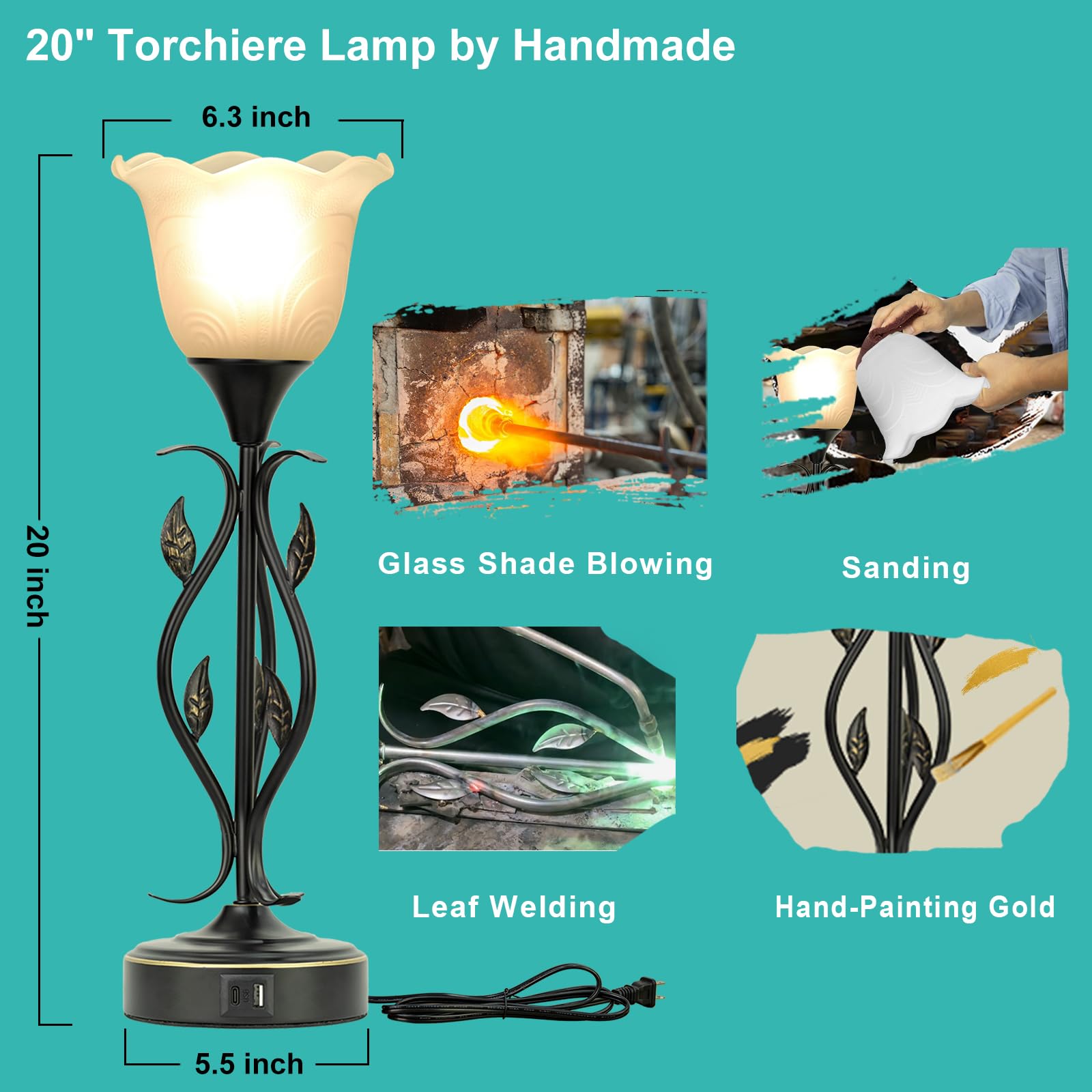 Bedside Lamps Set of 2, Table Lamp with USB Port 3 Way Dimmable Touch lamp Torchiere Nightstand Lamps with Rustic Vines Leaf and Glass Flower Shade lamp for Bedroom, Living Room, Office
