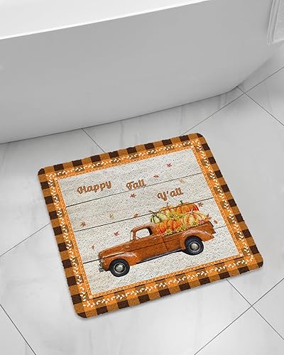 PVC Loofah Shower Mat 24x24 inch, Happy Fall Y'all Pumpkin Truck Maple Leaves Orange Lattice Non Slip Comfortable Bathtub Mat Quick Drying Bath Mat