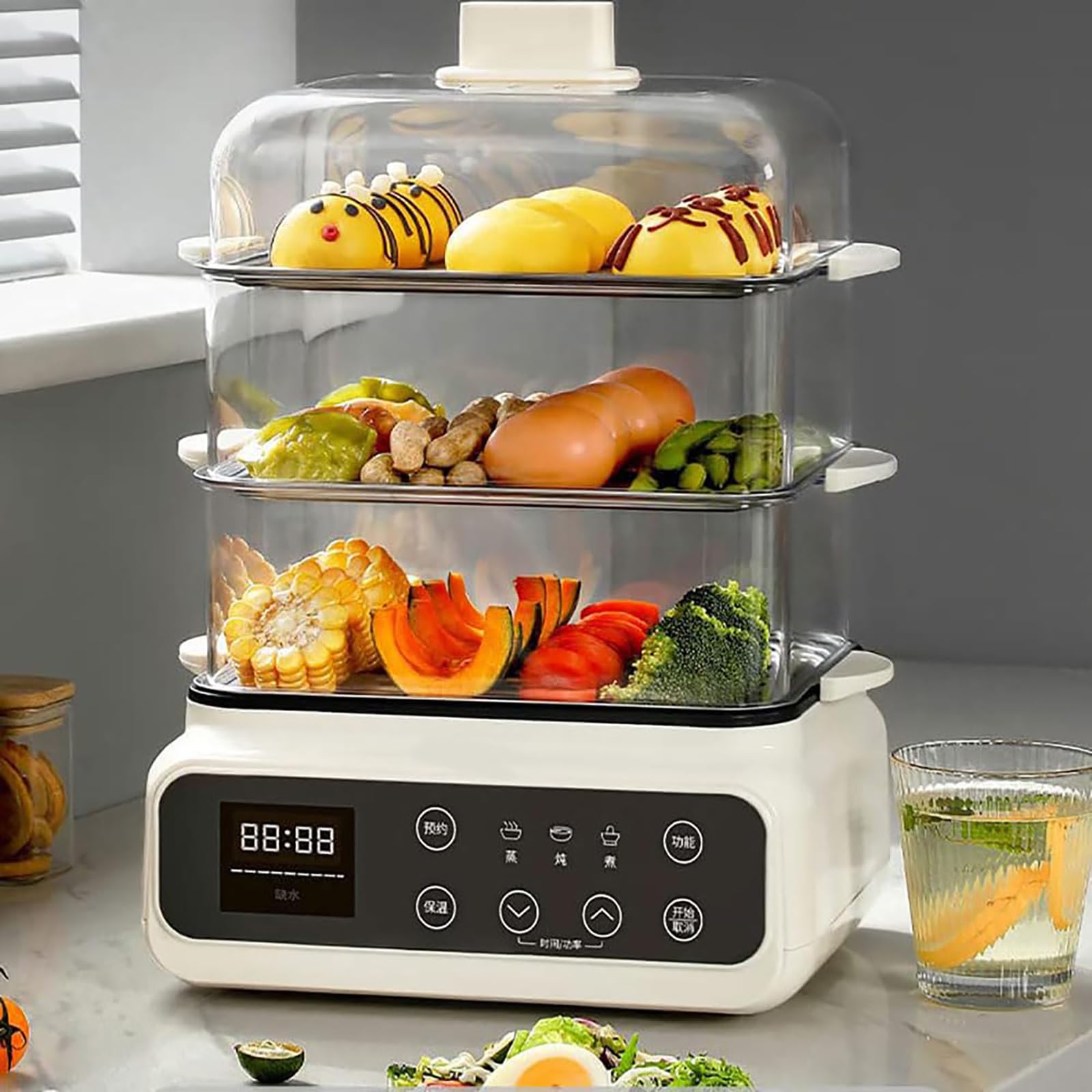 HmLotd Cuiseur Vapeur Électrique 3 Niveaux 1500 W – 24h Maintien Au Chaud, Programmation 24h, 8 L + 2,6 L, Acier Inox, 6 Menus