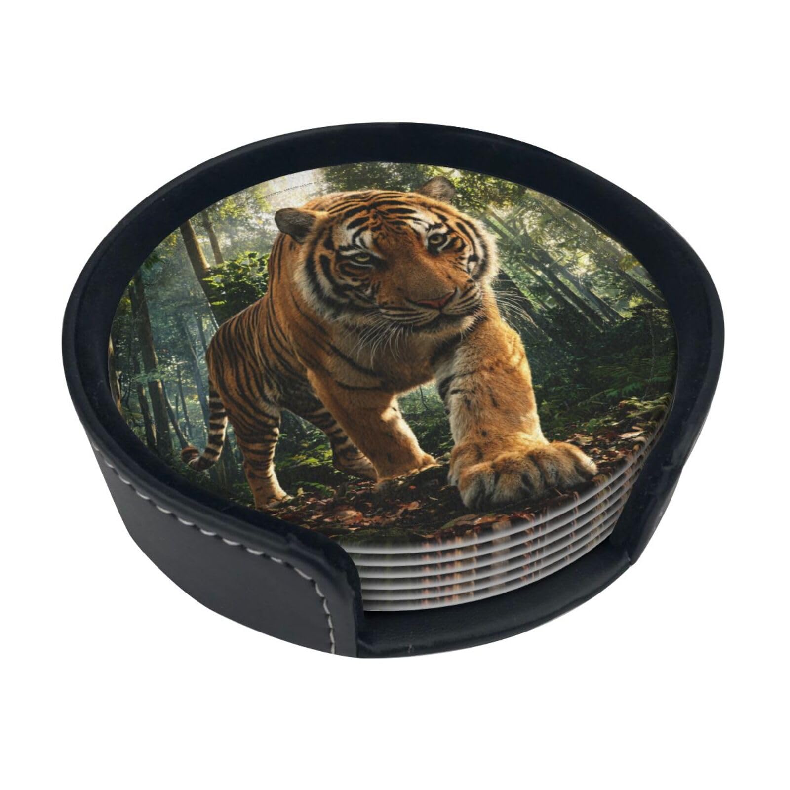 Tiger King Walk Leather Coasters-Set of 6 with Storage Holder