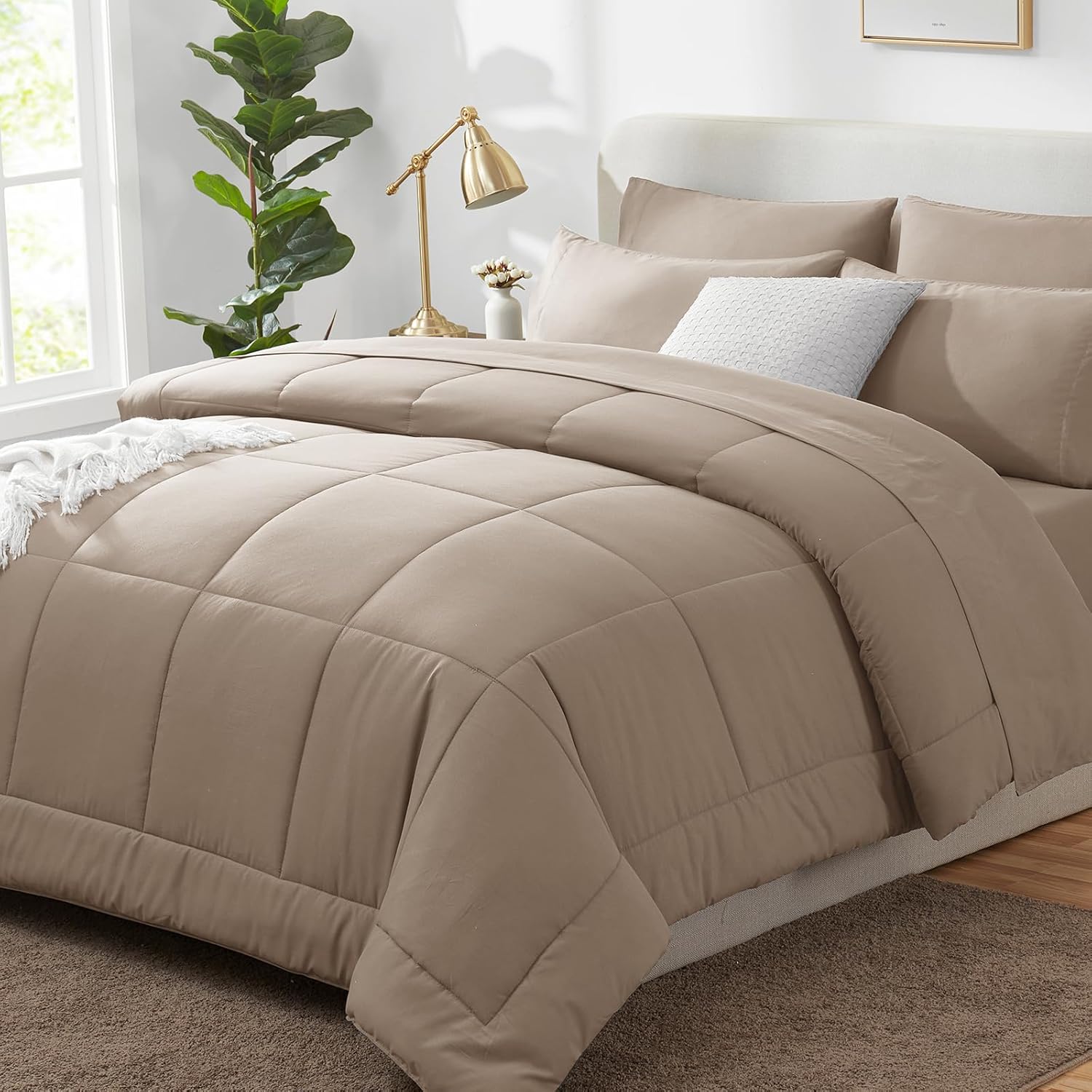 CozyLux King Size Comforter Set - 7 Pieces Bed in a Bag Set Khaki, Comforters King Bedding Set with All Season Quilted Comforter, Flat Sheet, Fitted Sheet, Pillowcases, Khaki Khaki King