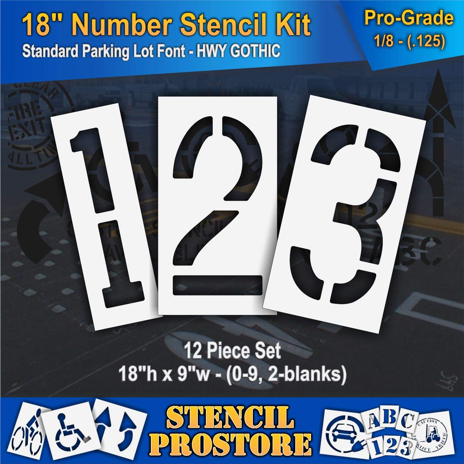 Pavement Stencils - 18 inch Number KIT Stencil Set - (12 Piece) - 18" x 9" x 1/8" (128 mil) - Pro-Grade
