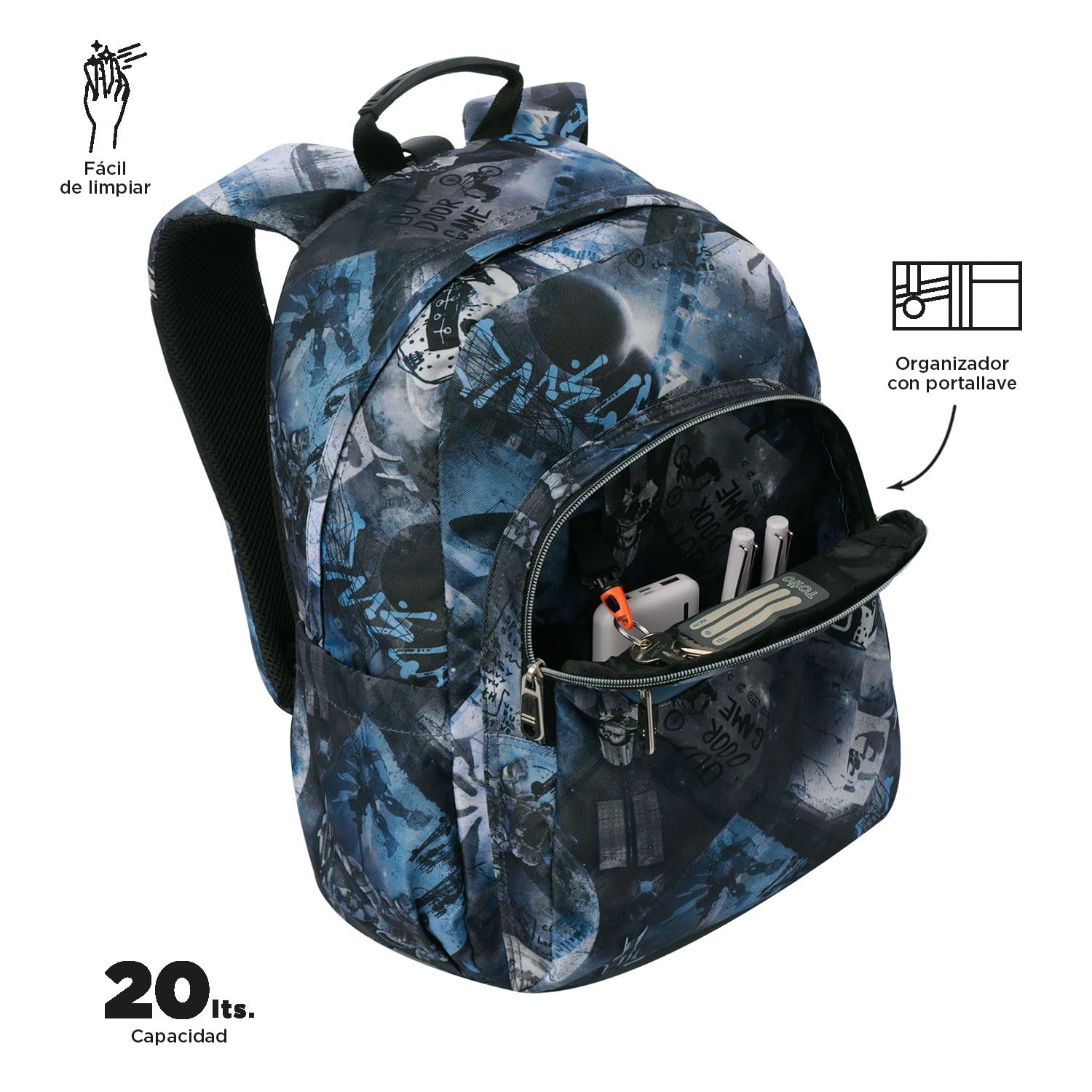 TOTTO - Mochila Escolar Adaptable a Carro, Modelo Acuareles, Capacidad 20 L, Bolsillo para Pc 14", 2 Bolsillo Botella, Espaldar Ergonómico con Flujo de Aire, Cómodas Correas en S, Estampado Film