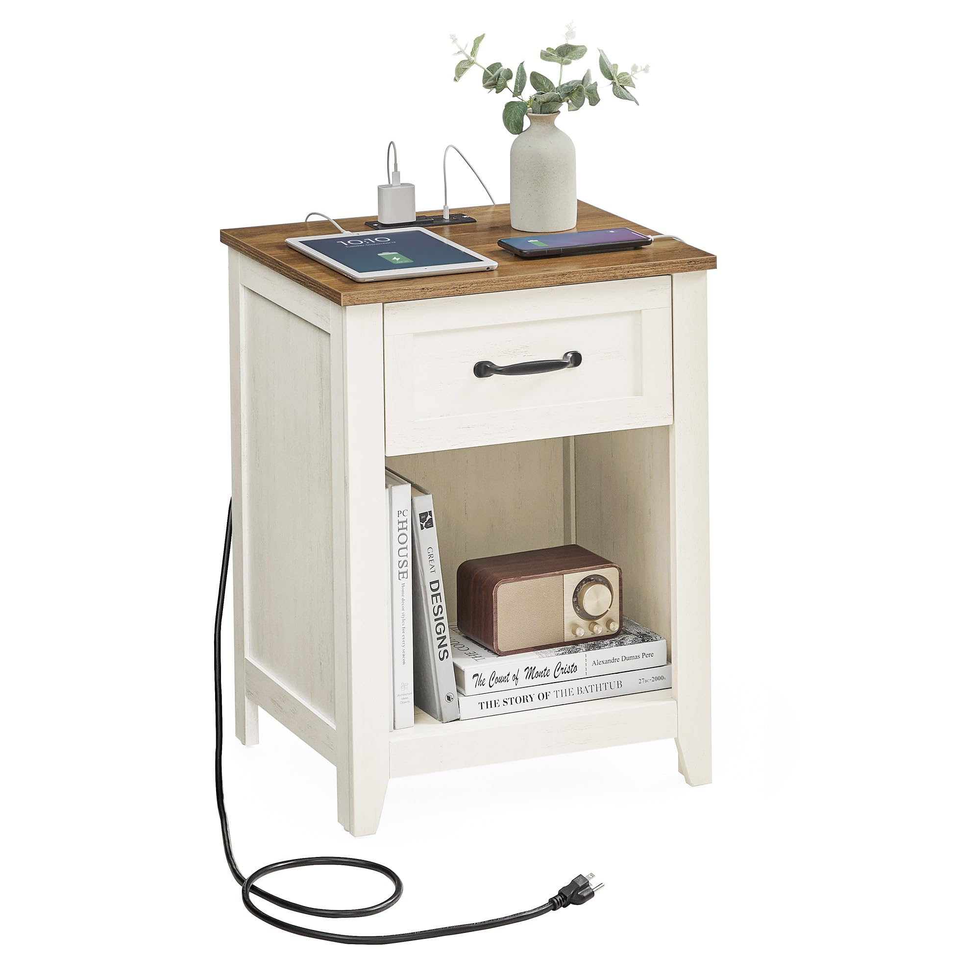 VASAGLE Farmhouse Nightstand with Charging Station
