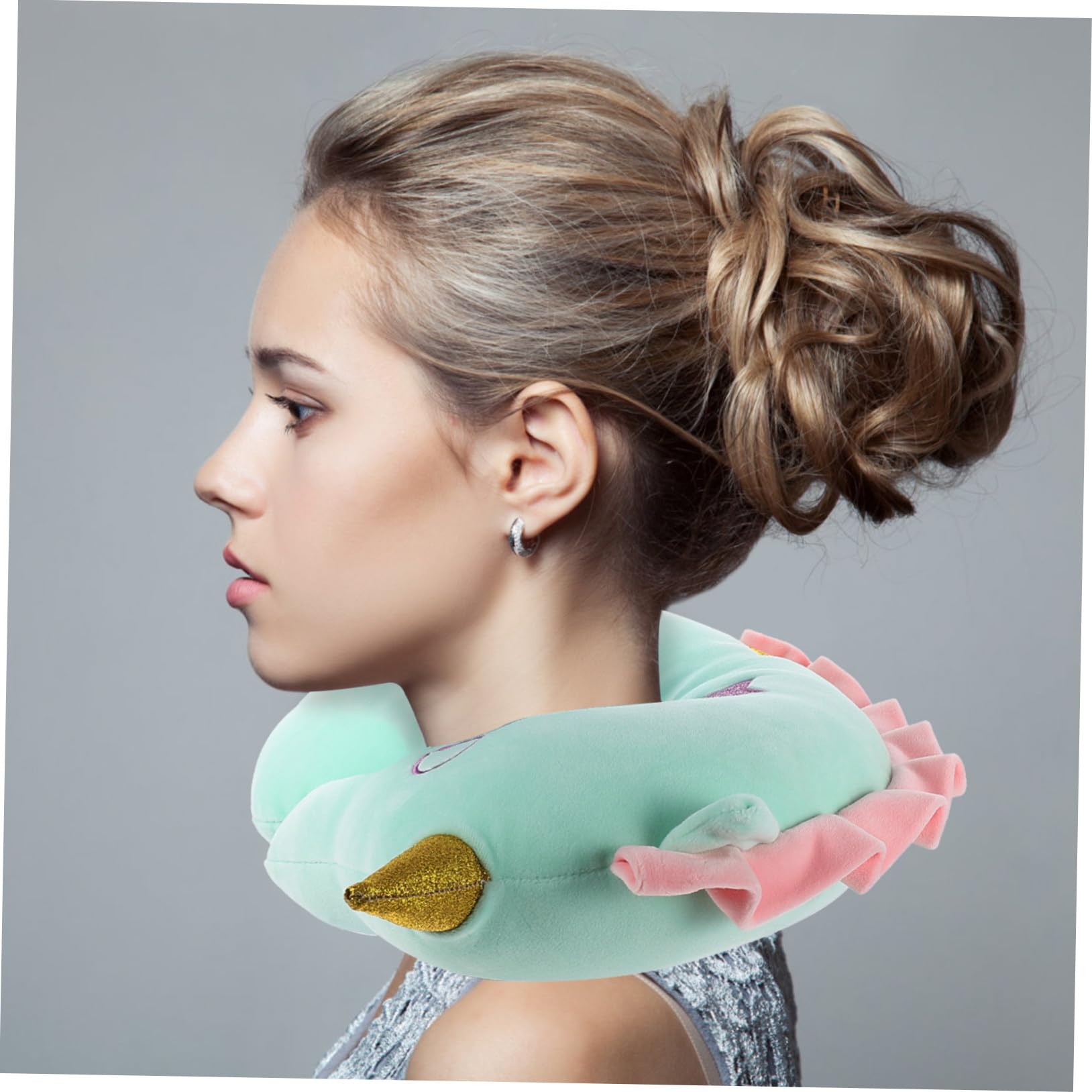 INOOMP Almohada De Viaje para Cuello En Forma De u Verde, Cojín De Apoyo Cervical De Sobremesa, Suave De Felpa, Portátil para Oficina y Coche, Almohada Cómica Unicornio para Descanso Diario
