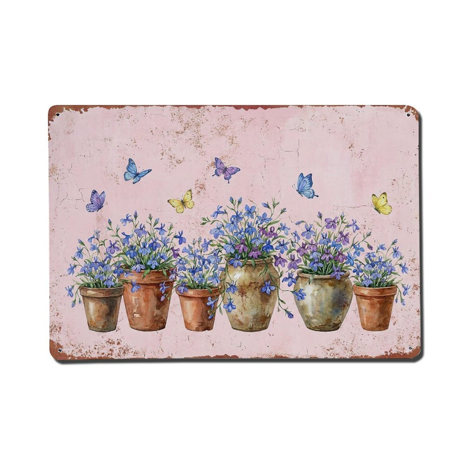 Vintage Rustic Flower Potted Plants Lobelia Metal Tin Sign