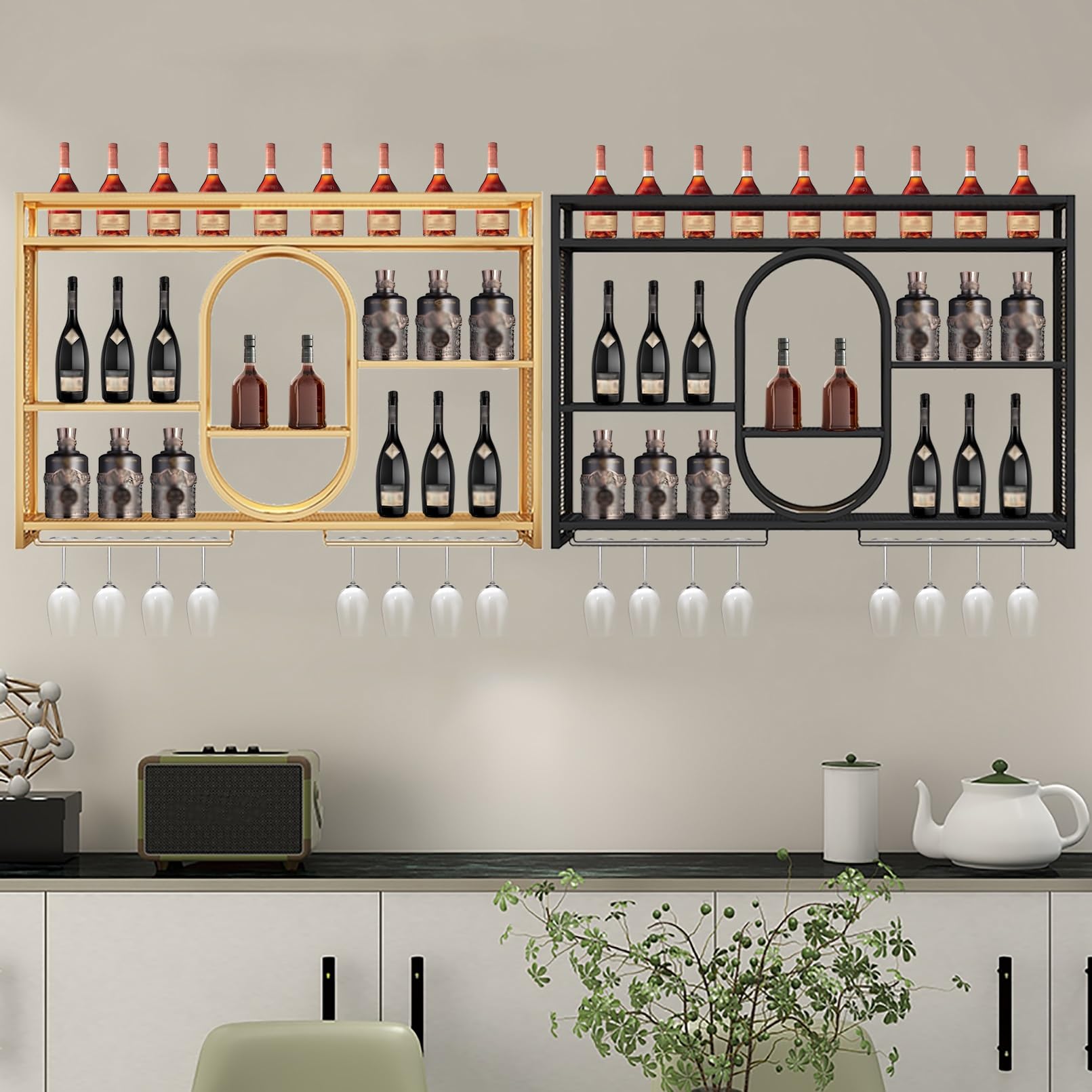 Estante Moderno montado en la Pared con luz LED, Unidad de Bar Colgante para Botellas de Licor, estantería de Almacenamiento con Organizador Flotante con Soporte para Cristales, para la Deco