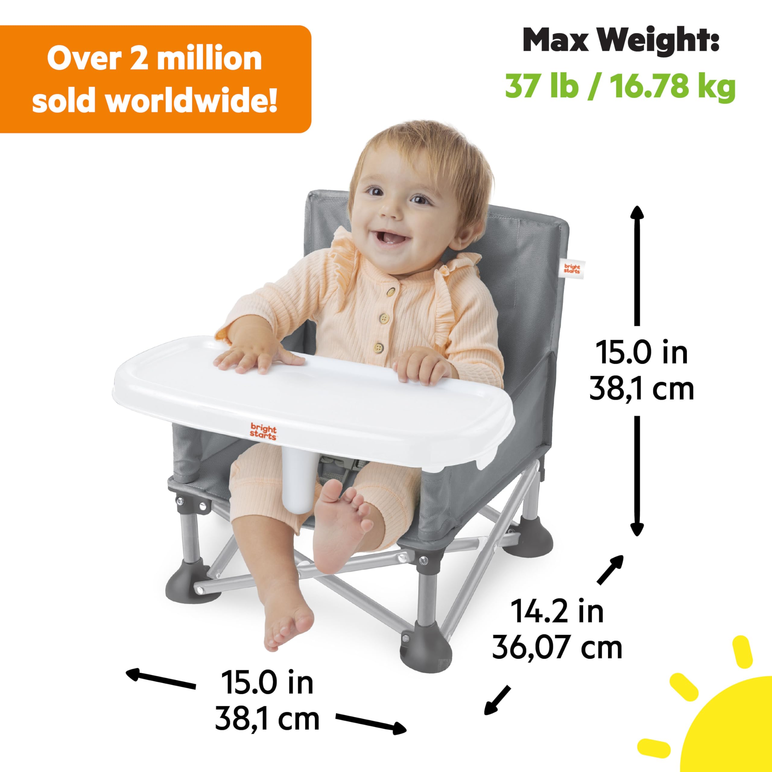 Bright Starts, Rehausseur Portable Pop 'N Sit avec Tablette pour Repas, pour la Maison et les Promenades, Couleur Gris, 6 Mois à 3 Ans
