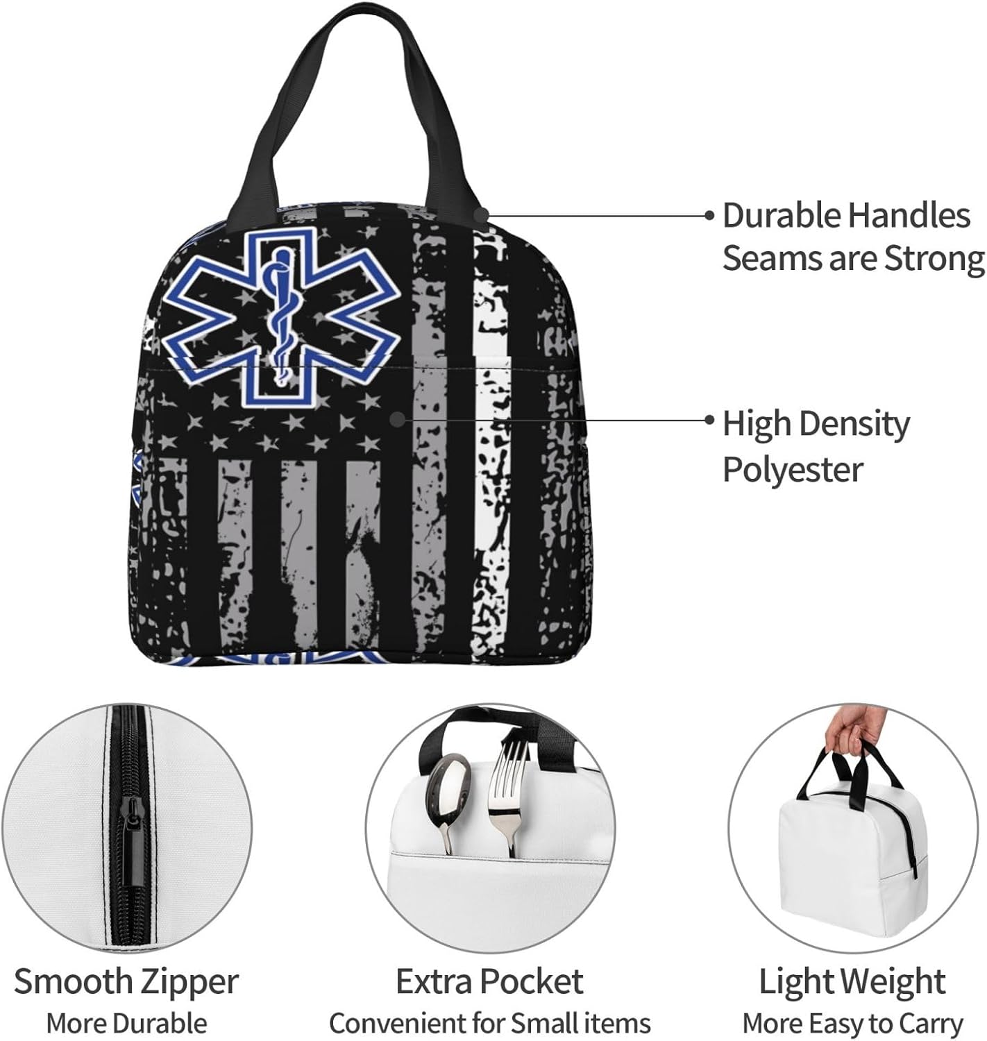 Thin White Line EMS Paramedic American Flag Insulated Lunch Box Large Capacity Thermal Lunch Bag Cooler Lunch Meal Tote Bag Reusable Handbag With Front Pocket For Work Picnic Travel Hiking