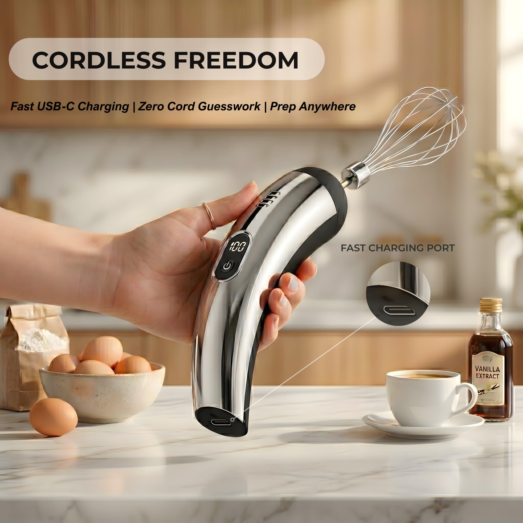 Batidora de mano inalámbrica recargable, pantalla digital de 5 velocidades, batidor de huevos inalámbrico con 2 batidores eléctricos, para bebidas y desayuno, cocinar u hornear en la cocina