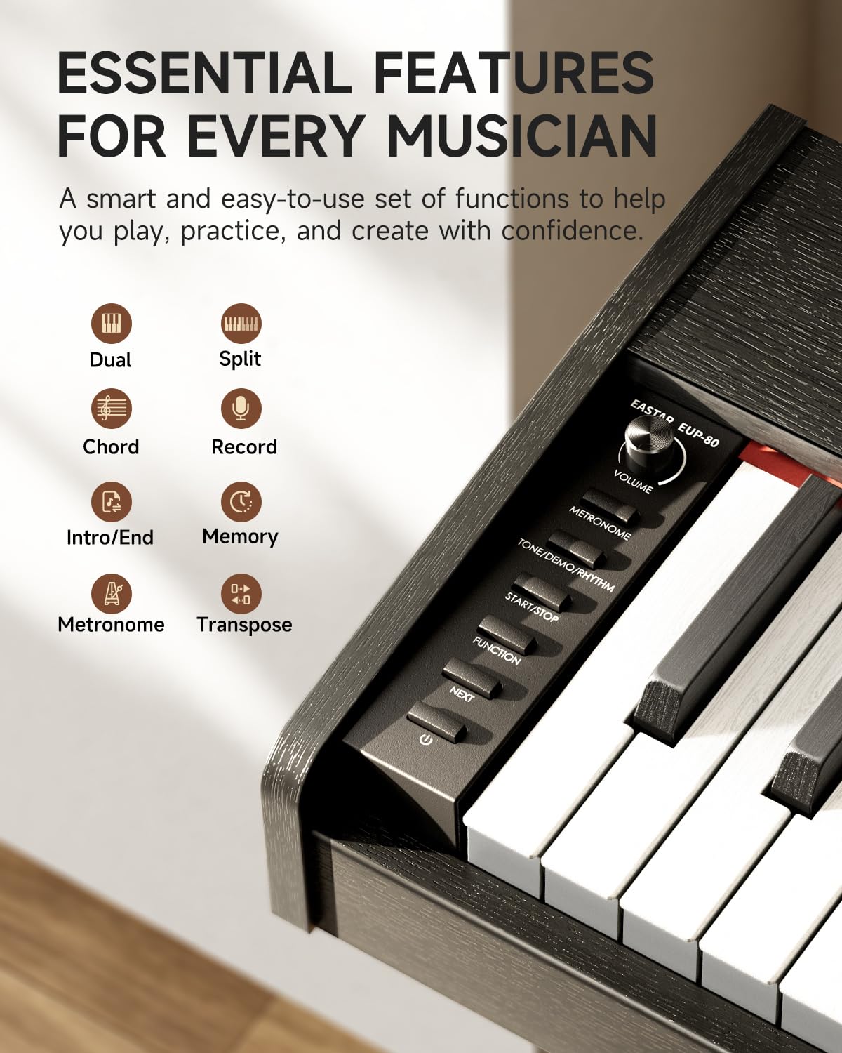 Eastar EUP-80 Digitalpiano mit 88 Anschlagdynamischen Tasten, Vollwertiges E-Piano für Anfänger, Inklusive Notenständer, Pedal, Kopfhörer und Aufklebern