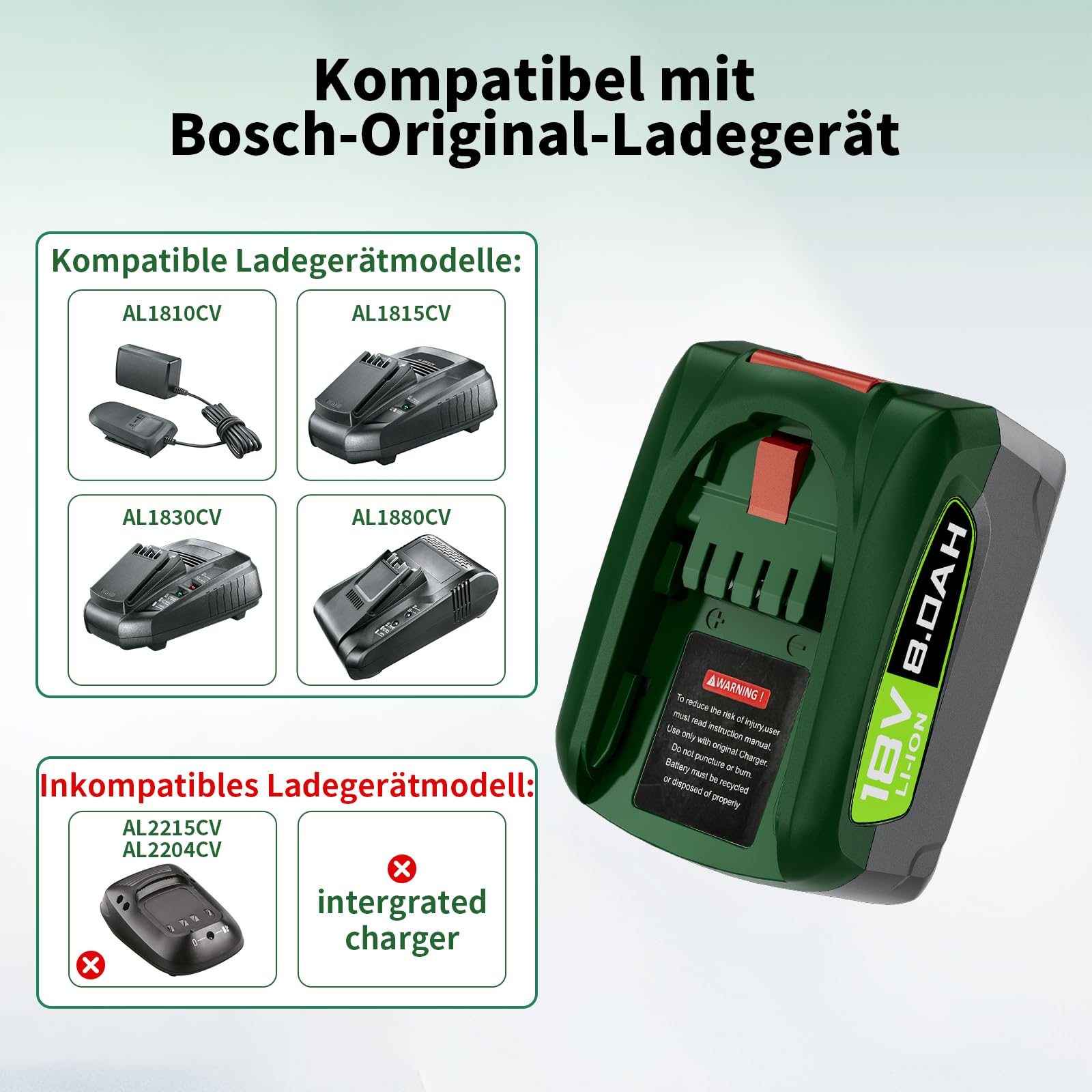 2 X 8000mAh für Bosch Akku 18V, Ersatzakku für Bosch PBA 18 Volt Akku | Hochkapazitäts Li-ion Akku für Bosch PBA,Kompatibel mit Gardena, Green Haus und Gartensystem(Nicht für Unlimited Staubsauger)