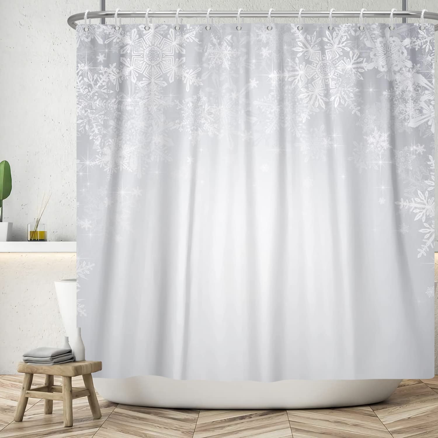 LFEEY Winter Holiday Shower Curtain Christmas Theme White Sparkle Snowflakes Bathroom Curtain 72x72 Inch Polyester Fabric Waterproof with Hooks