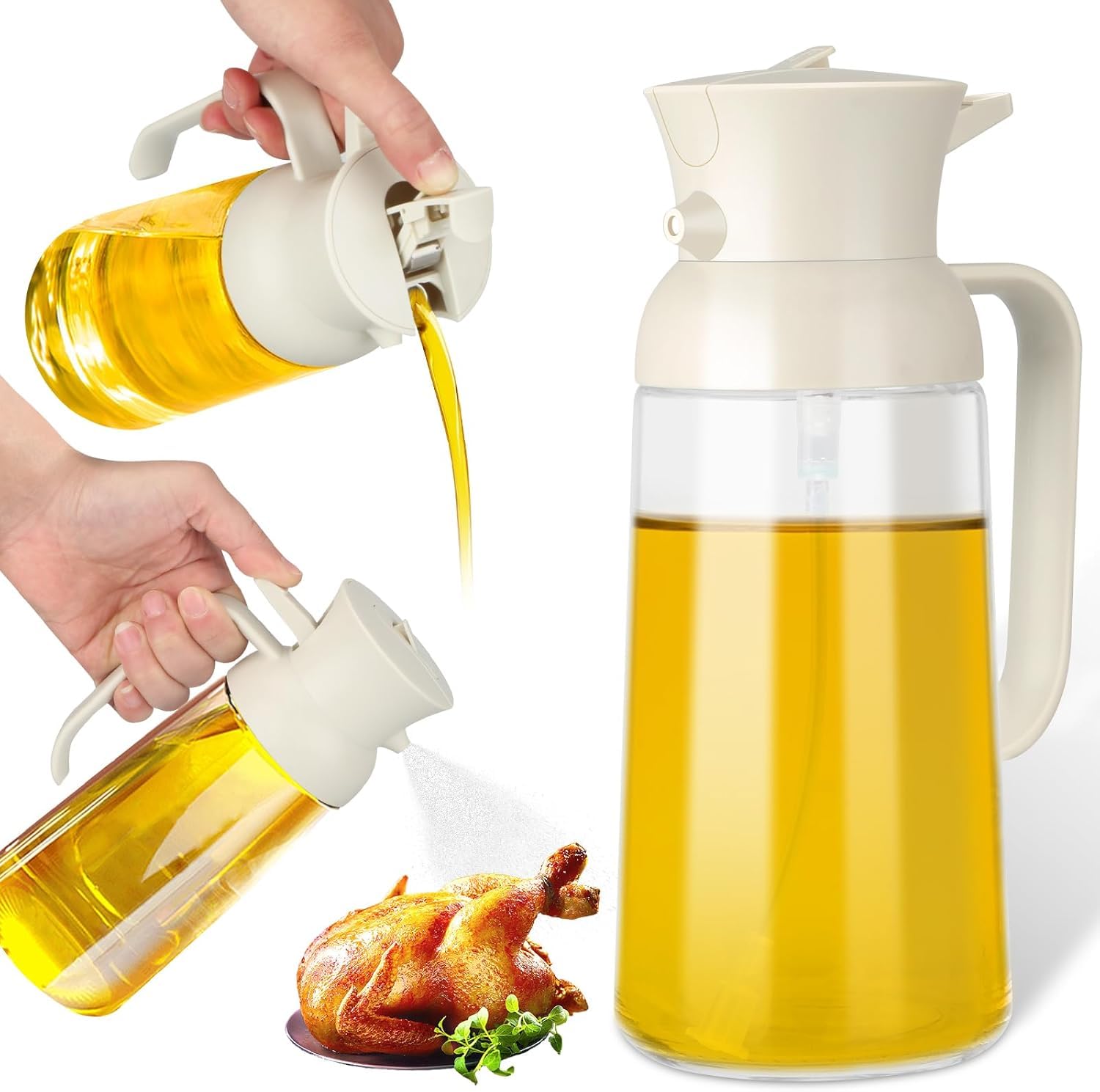 Dravina 2-in-1 Olive Oil Sprayer and Dispenser Bottle, 500ml Glass Oil Spray Bottle with Premium Nozzle for Air Fryer, Roasting and Frying, Cooking, Kitchen Use (650 ml-White)