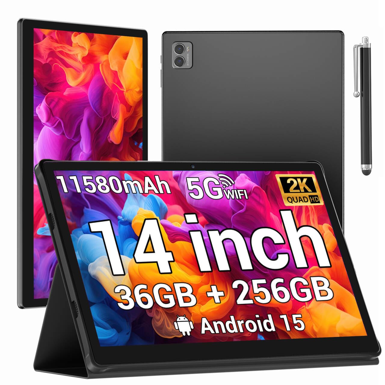 Tablet 14 Inch Tablets, Android 15 Tablet with Case,36GB RAM+256GB