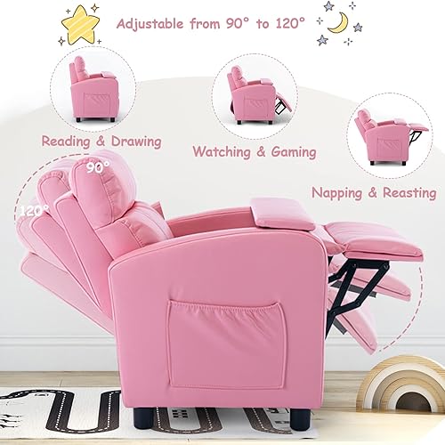 Miniatura 5 de chizzysit Silla reclinable para niños, muebles para niños con reposapiés, silla pequeña con bolsillo lateral y tabla de mesa para habitación de