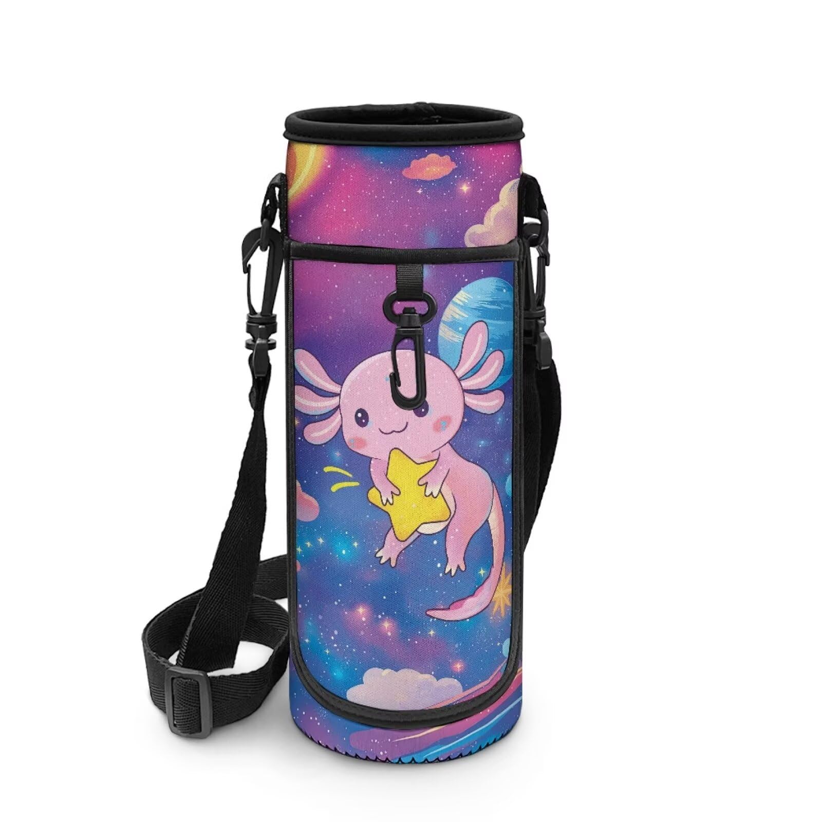 POLERO Axolotl Water Bottle Holder for Girls Cute Galaxy Water Bottle Carrier with Shoulder Strap for Hiking Camping